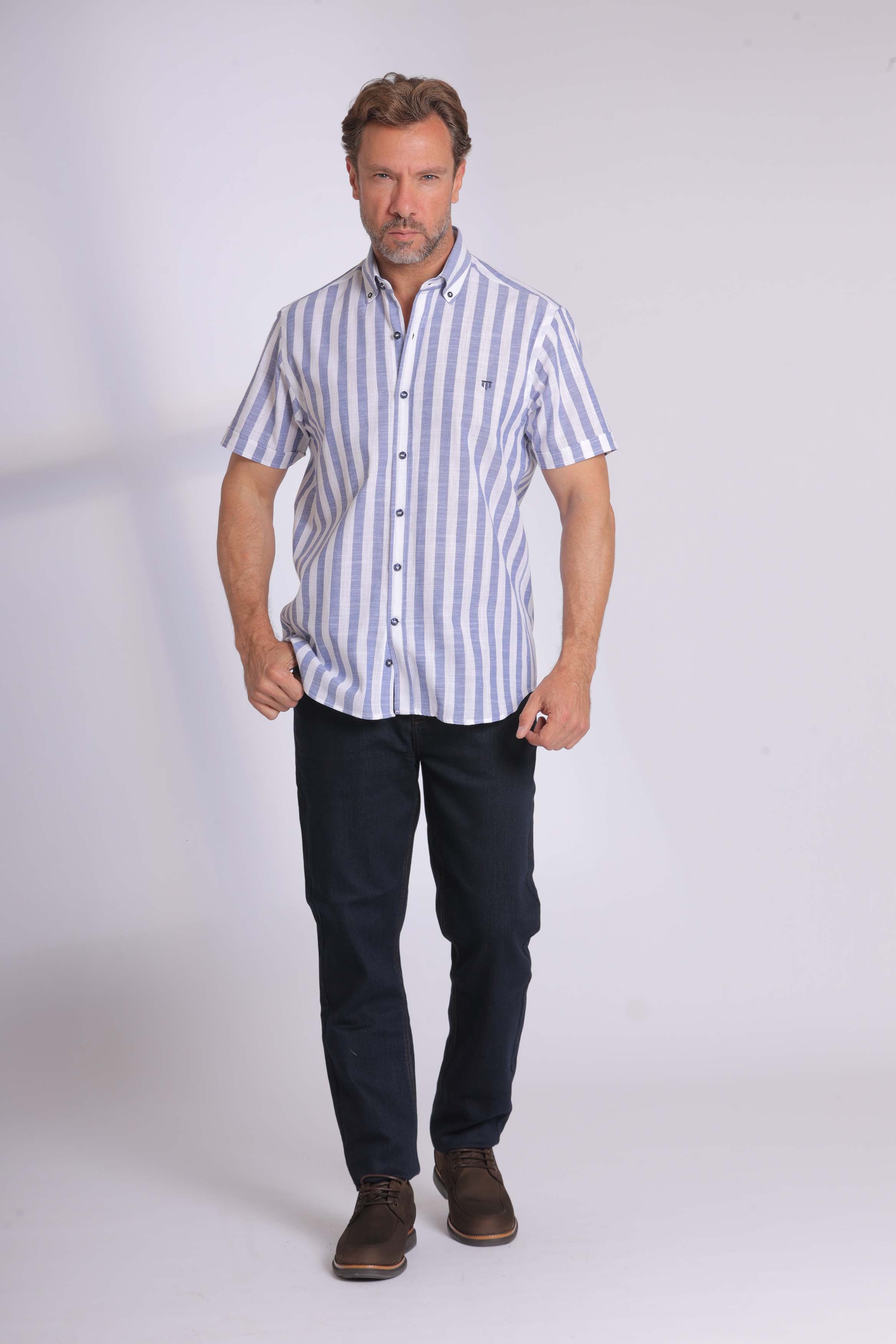 Linen Blue Striped Short Sleeve Shirt