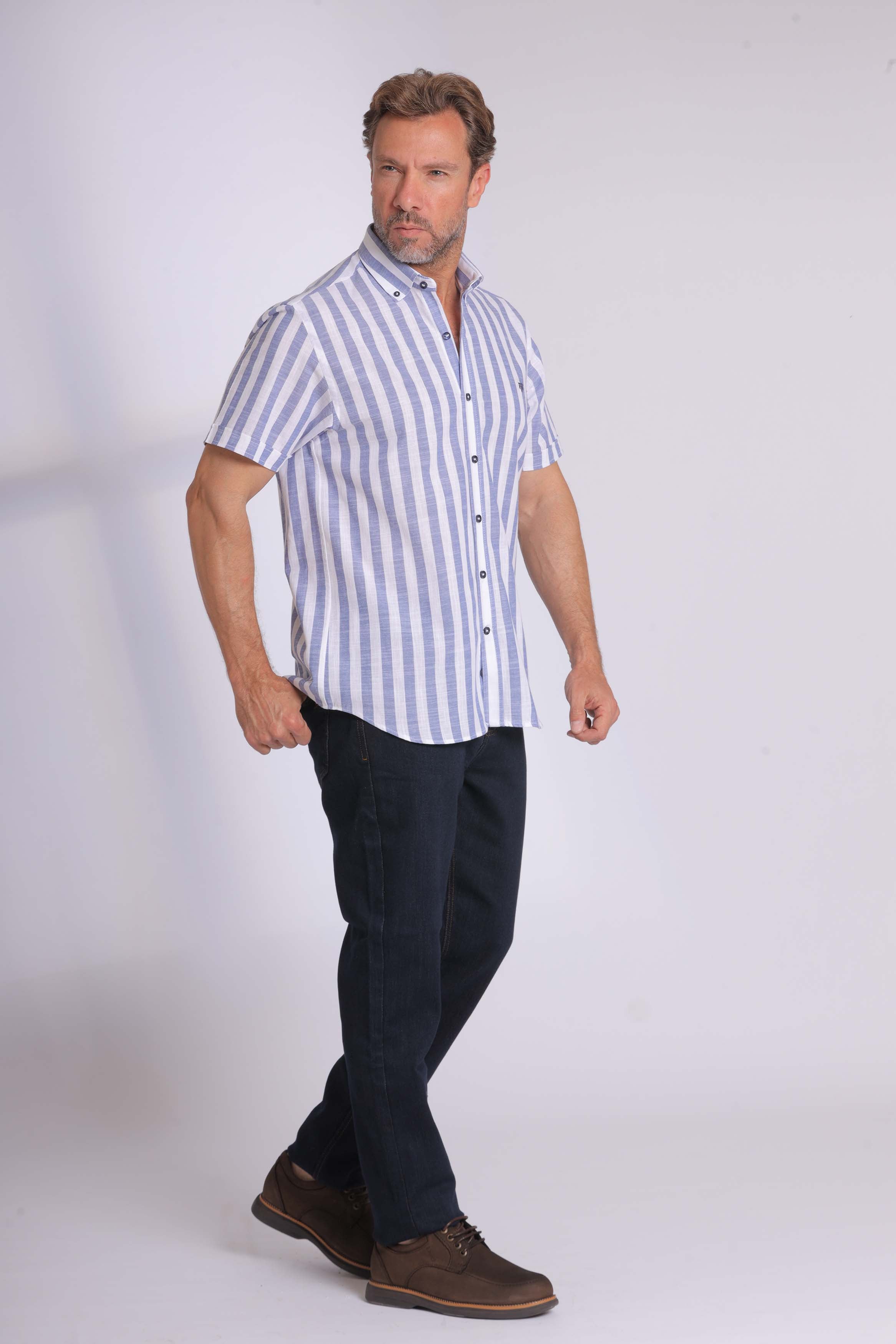 Linen Blue Striped Short Sleeve Shirt