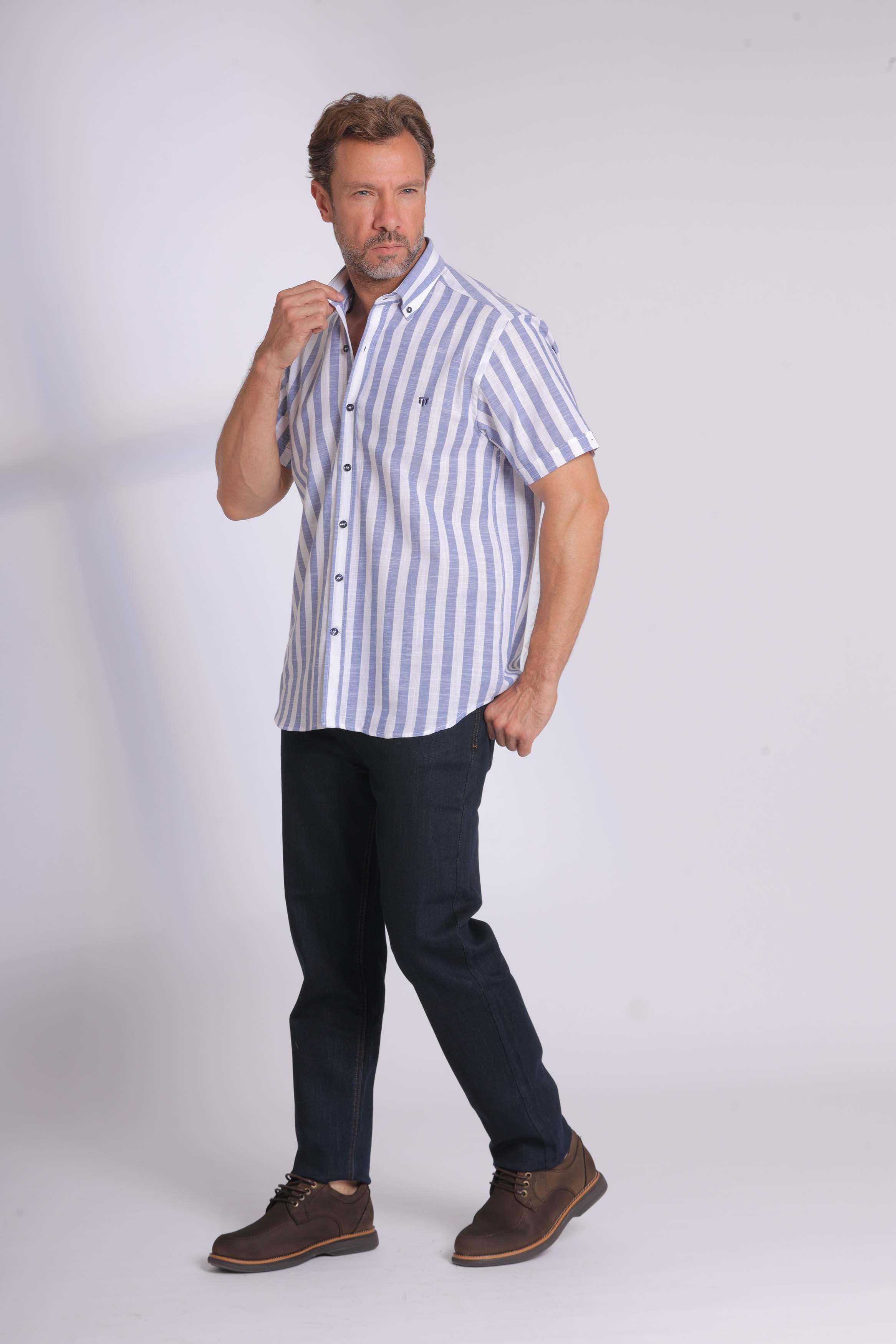 Linen Blue Striped Short Sleeve Shirt