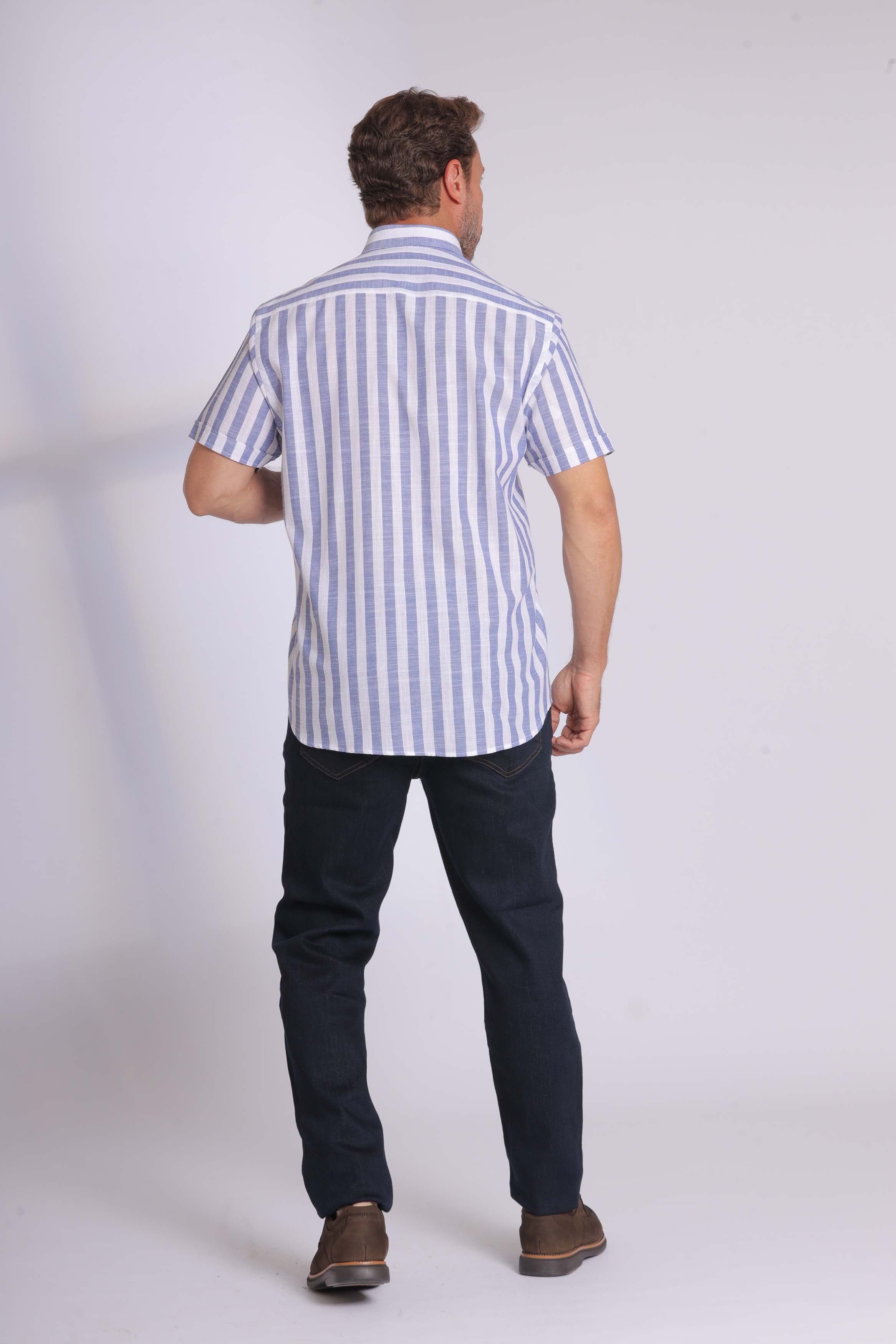 Linen Blue Striped Short Sleeve Shirt