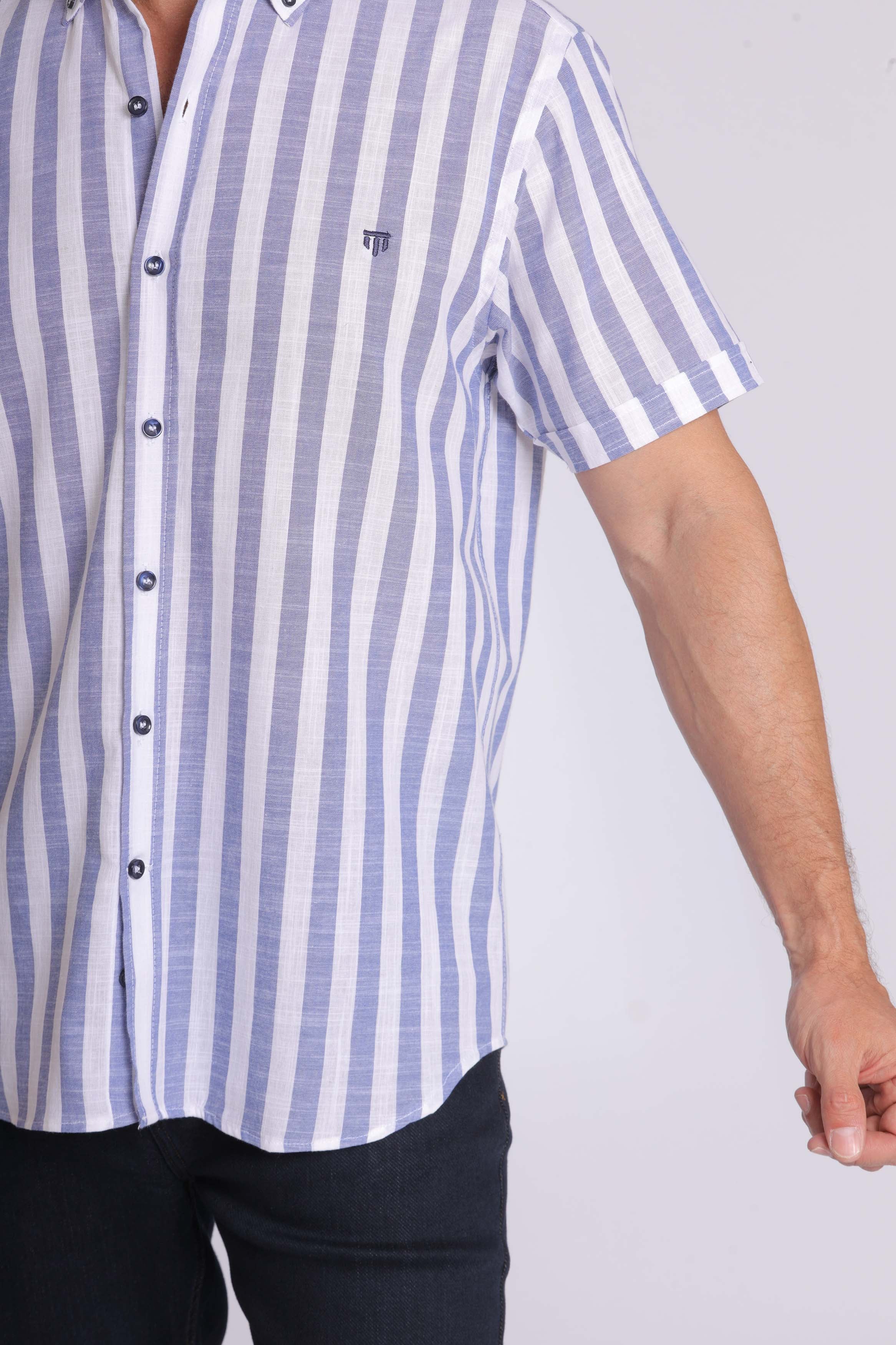 Linen Blue Striped Short Sleeve Shirt