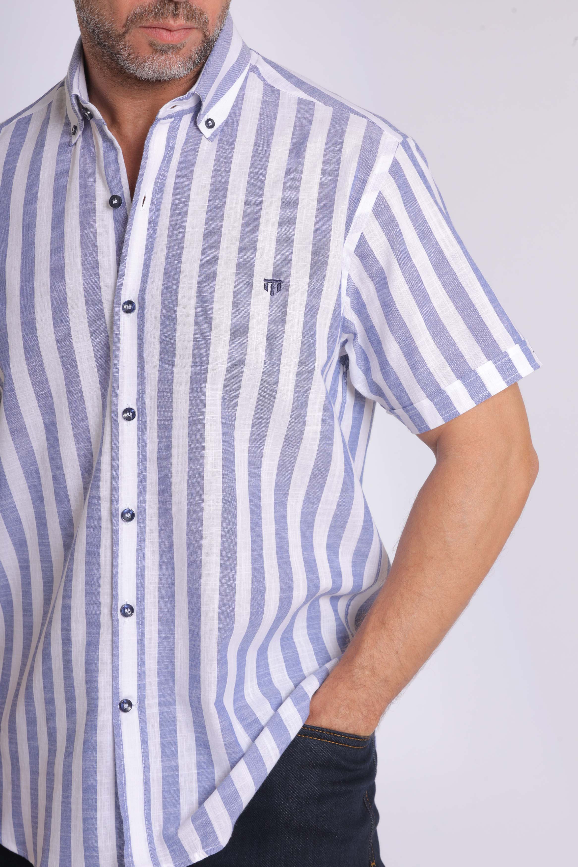 Linen Blue Striped Short Sleeve Shirt