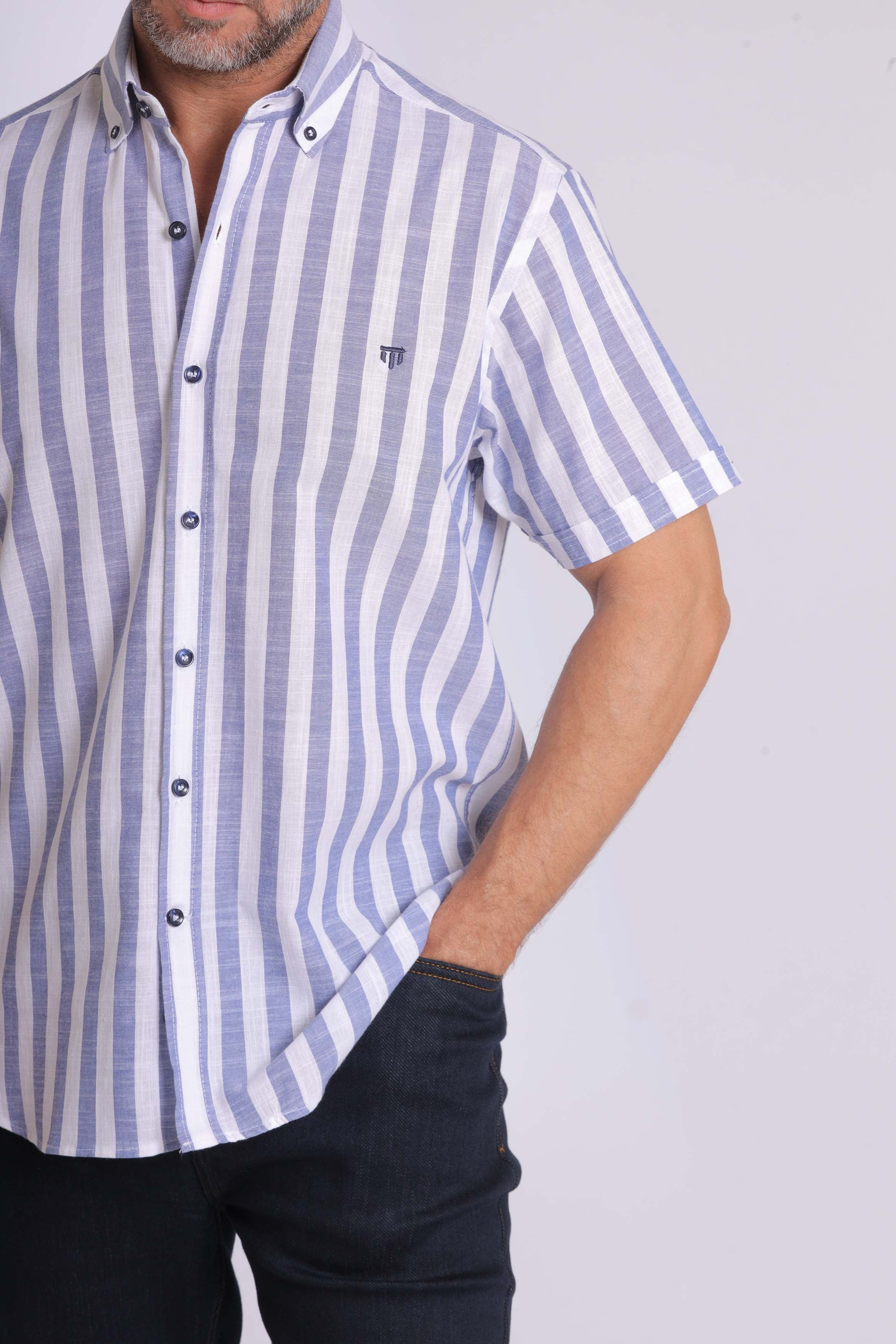 Linen Blue Striped Short Sleeve Shirt