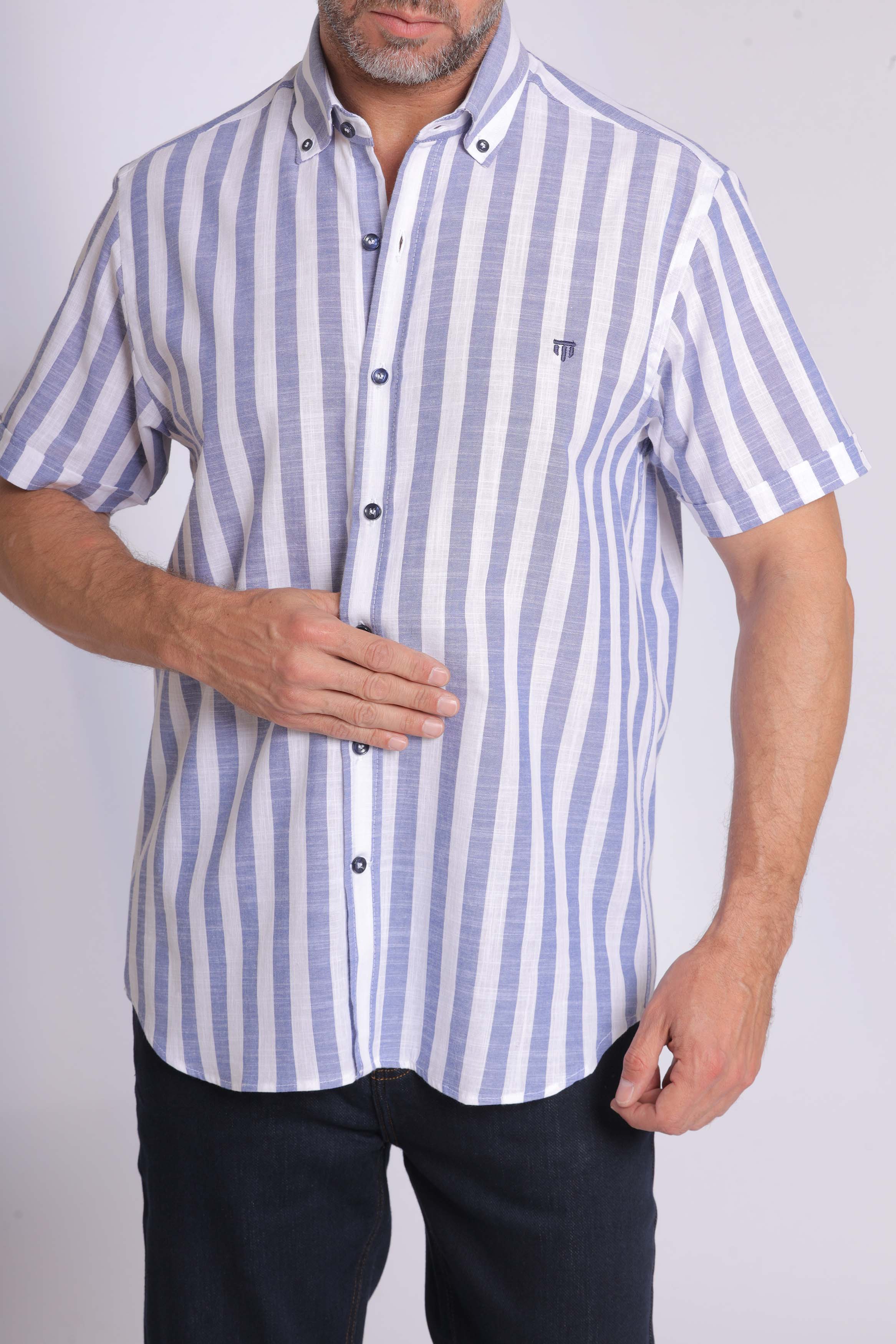 Linen Blue Striped Short Sleeve Shirt