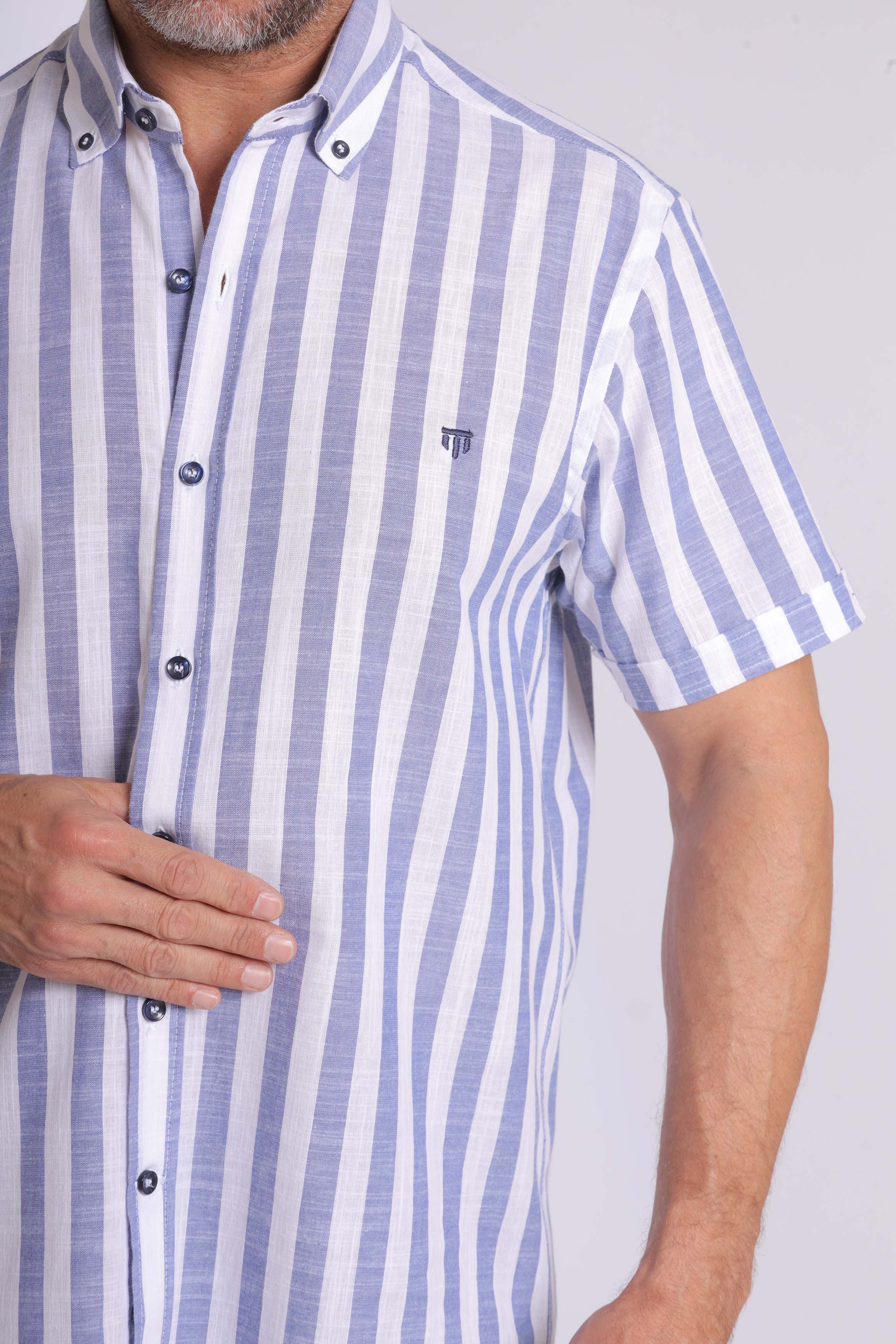 Linen Blue Striped Short Sleeve Shirt