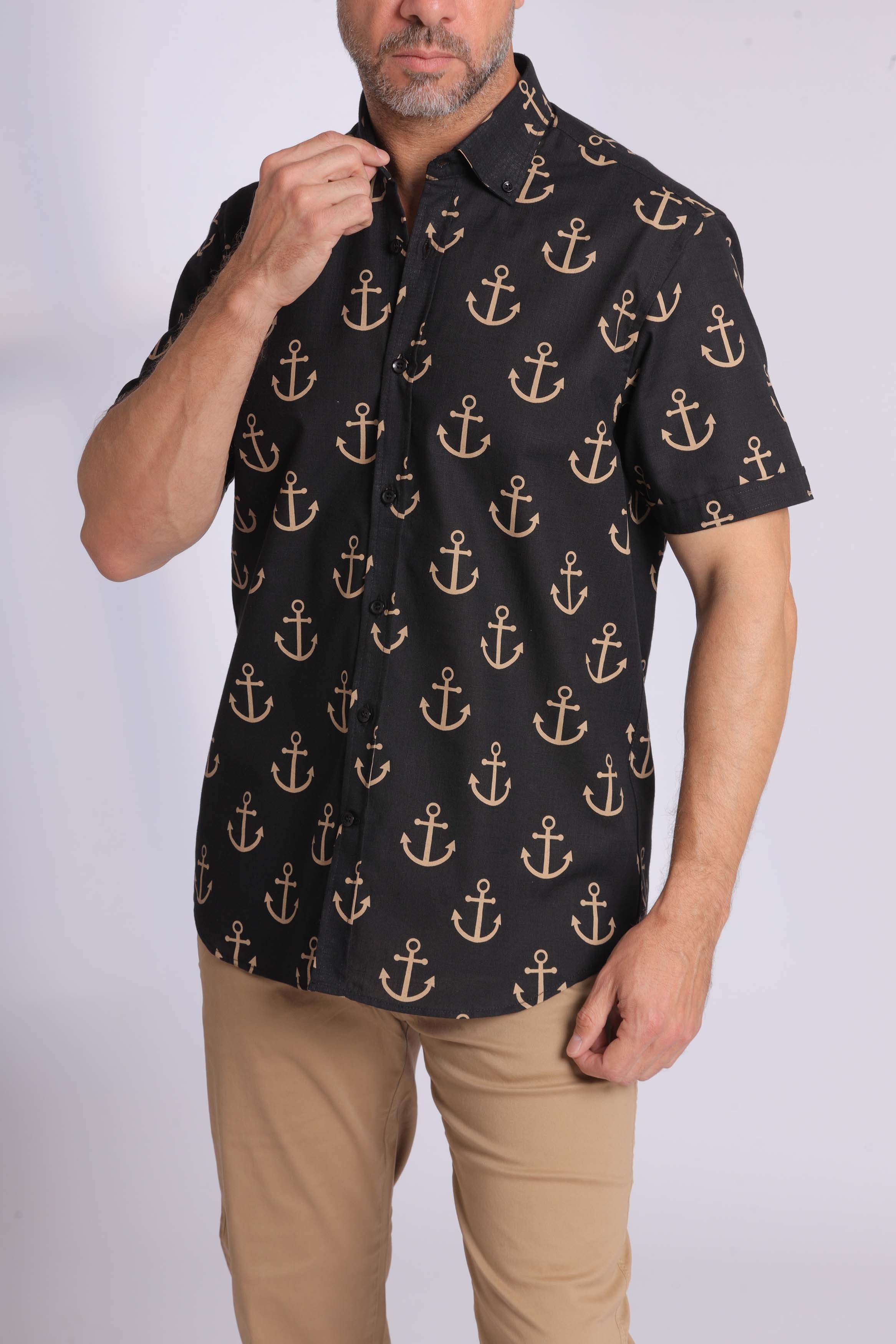 Navy Anchor-Print Short Sleeved Shirt