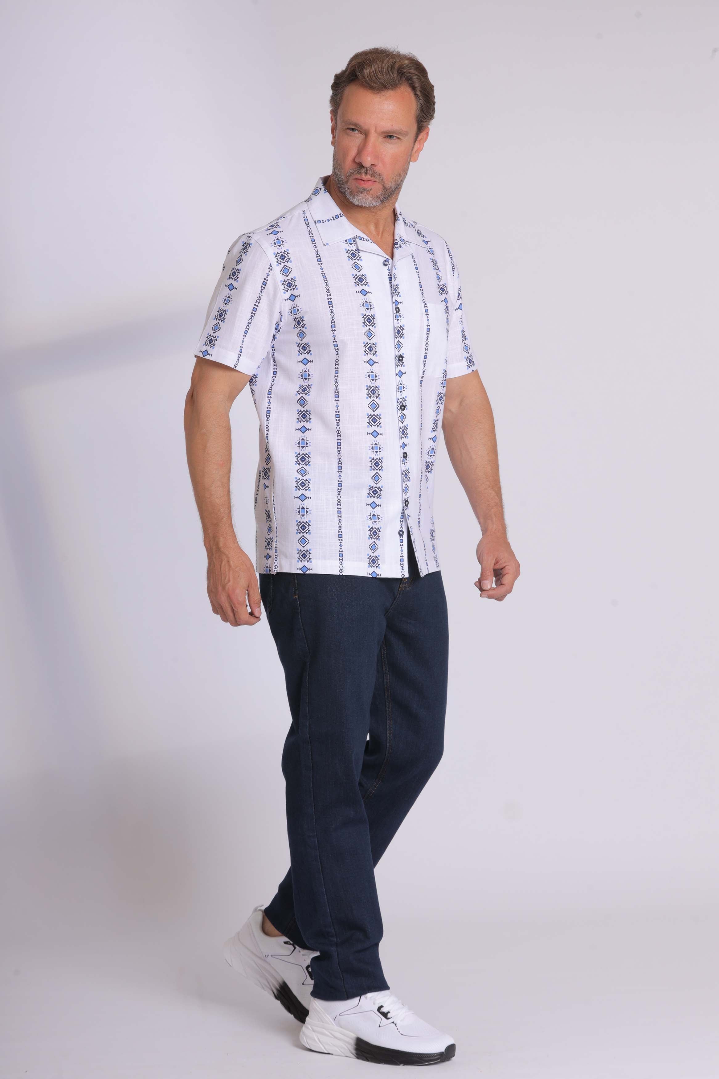 Blue Greek Patterned Short Sleeve Shirt