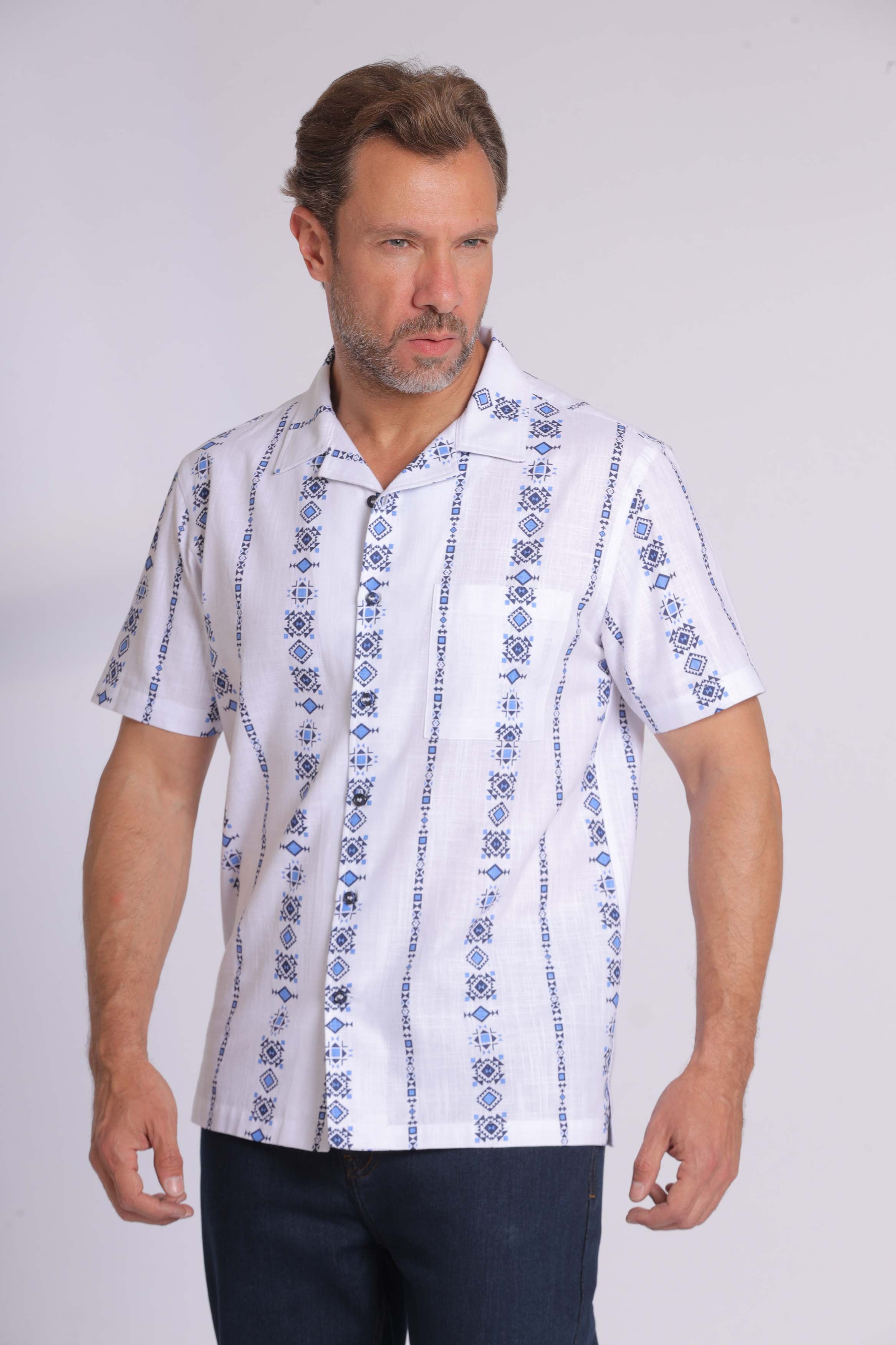 Blue Greek Patterned Short Sleeve Shirt