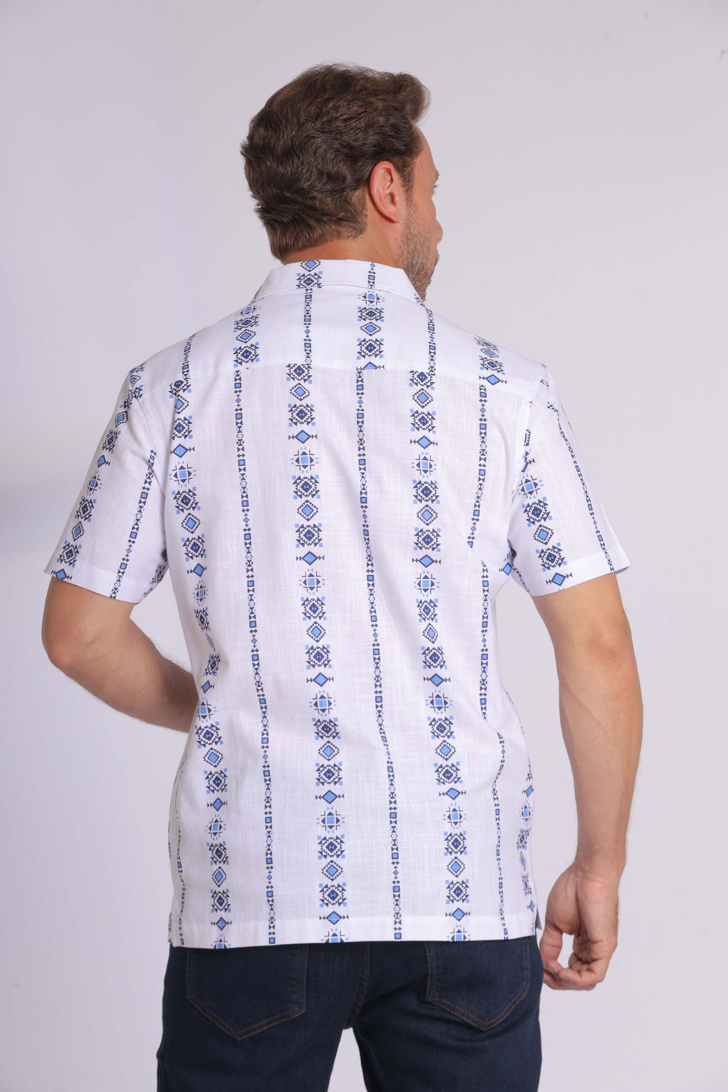 Blue Greek Patterned Short Sleeve Shirt