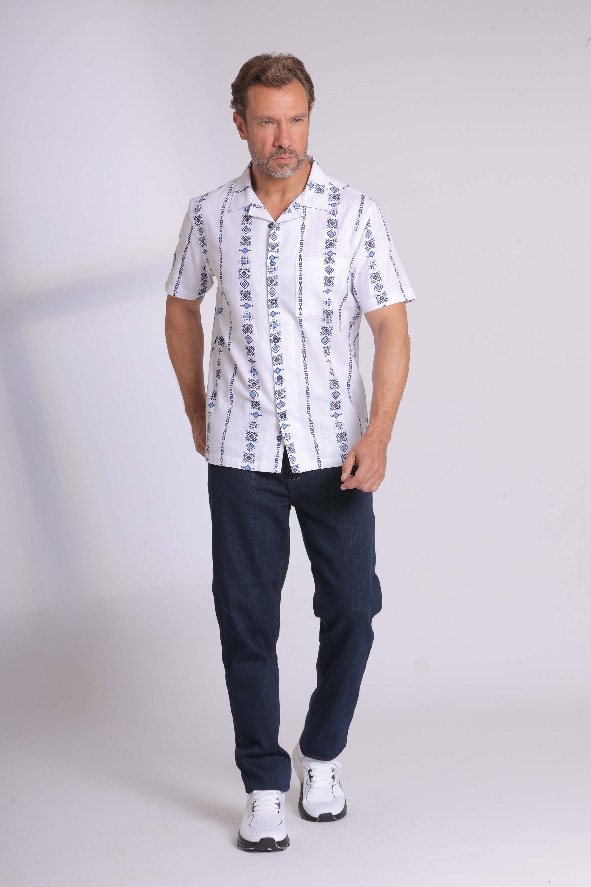 Blue Greek Patterned Short Sleeve Shirt