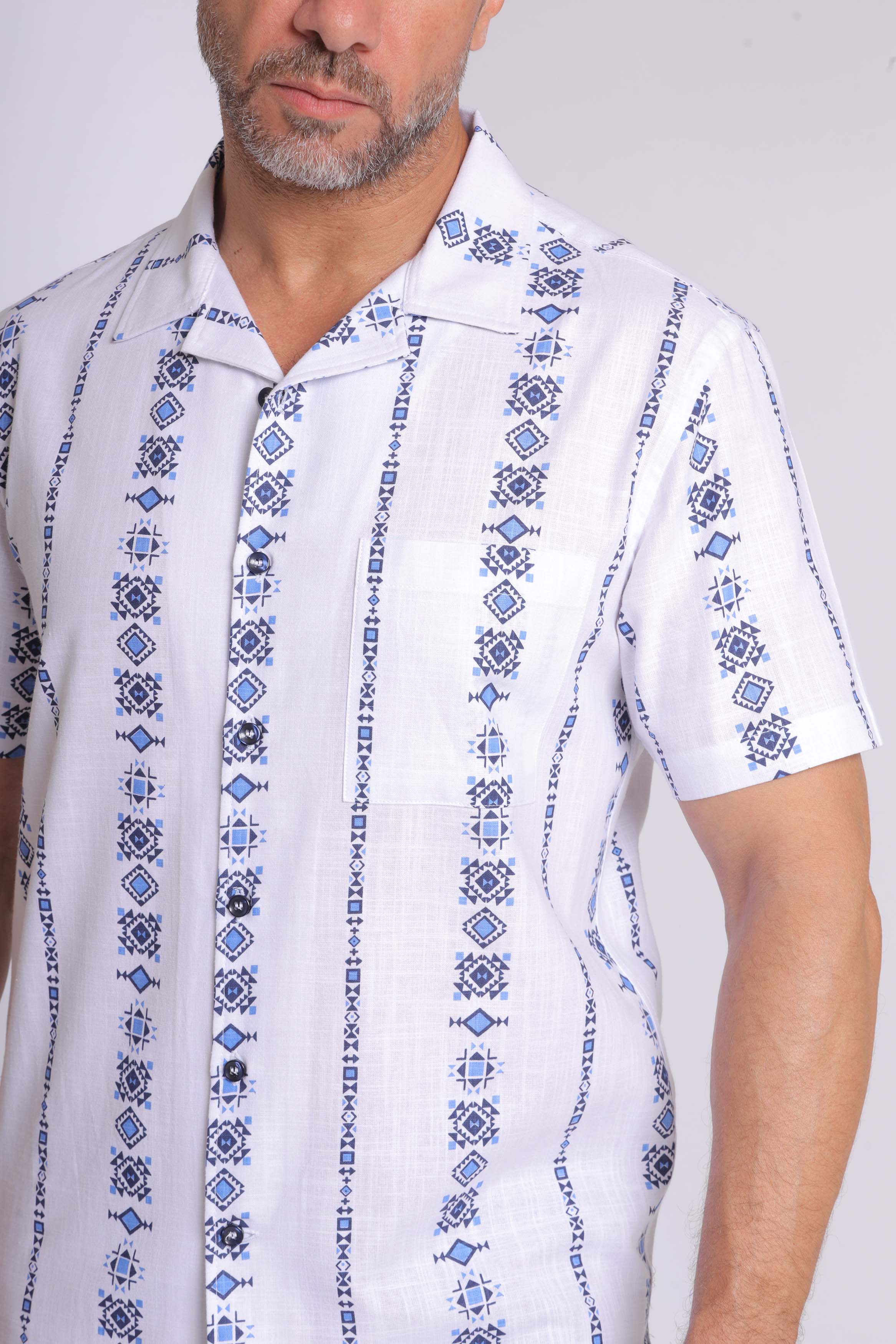 Blue Greek Patterned Short Sleeve Shirt