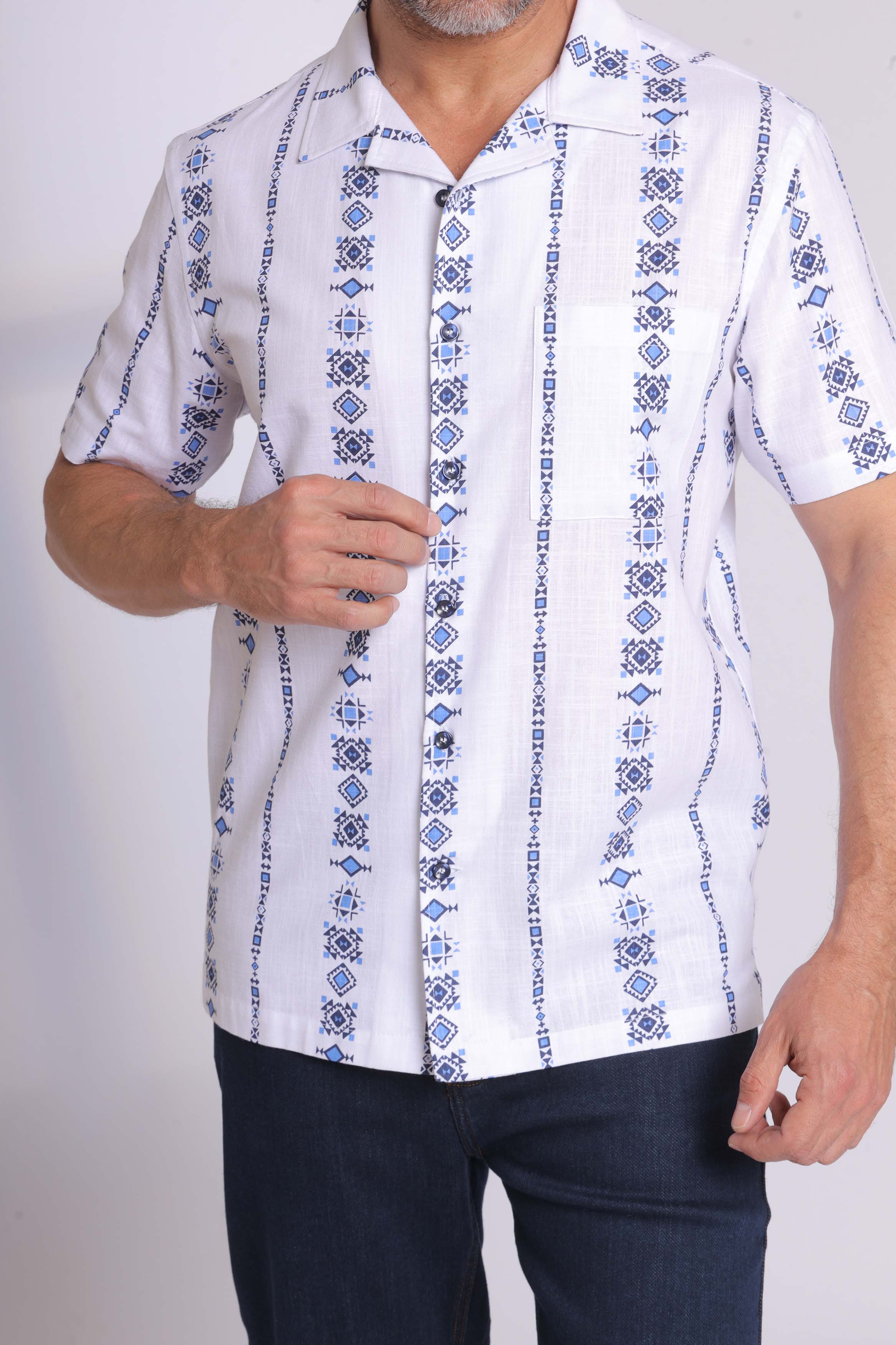 Blue Greek Patterned Short Sleeve Shirt