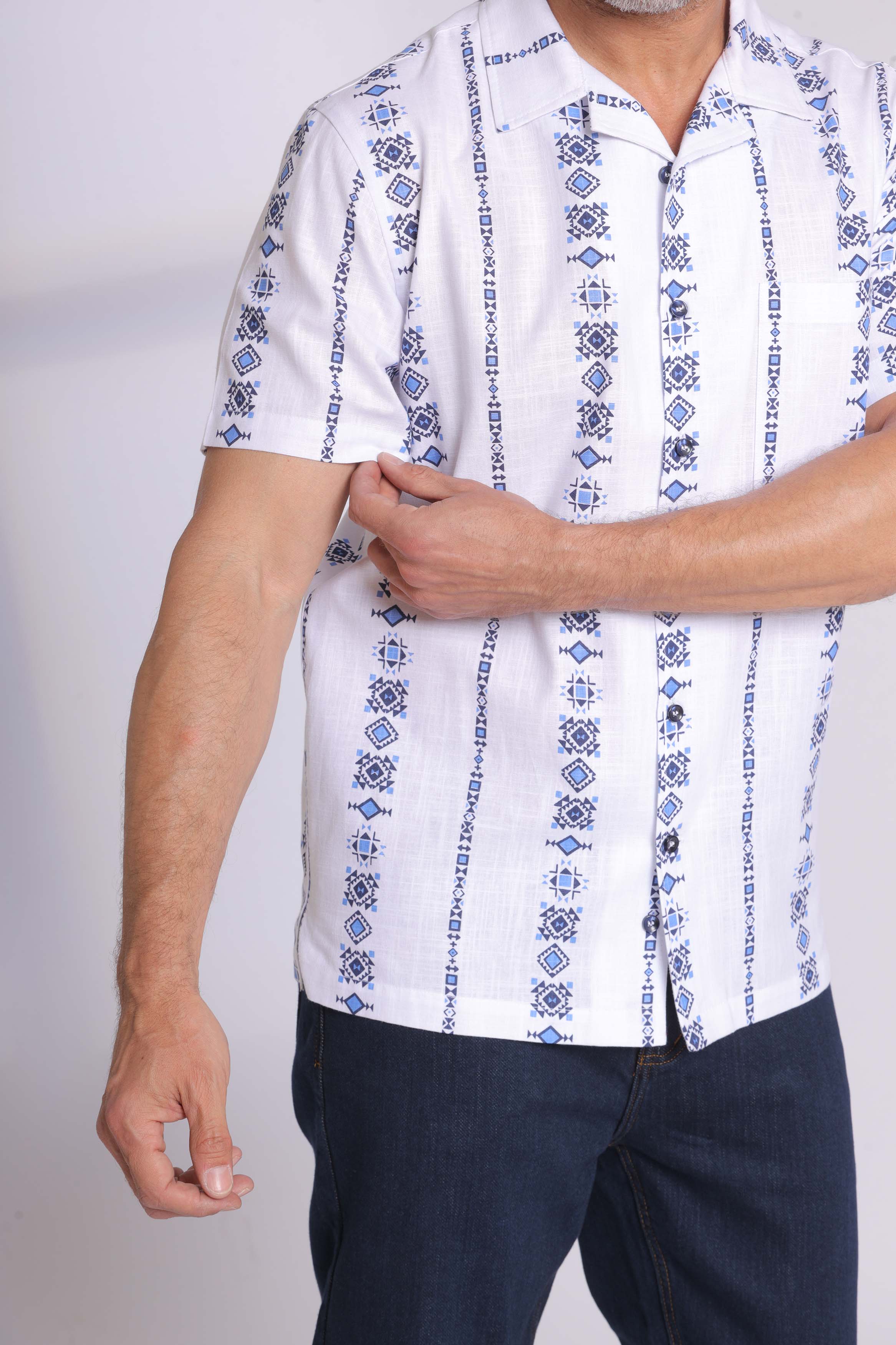 Blue Greek Patterned Short Sleeve Shirt