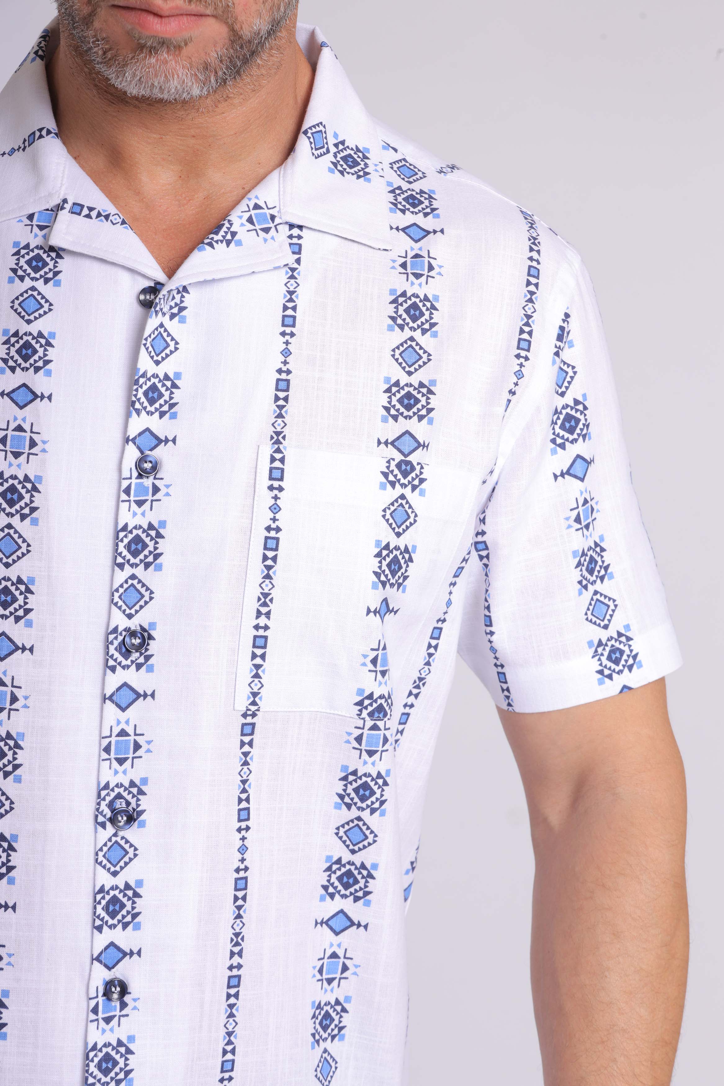 Blue Greek Patterned Short Sleeve Shirt