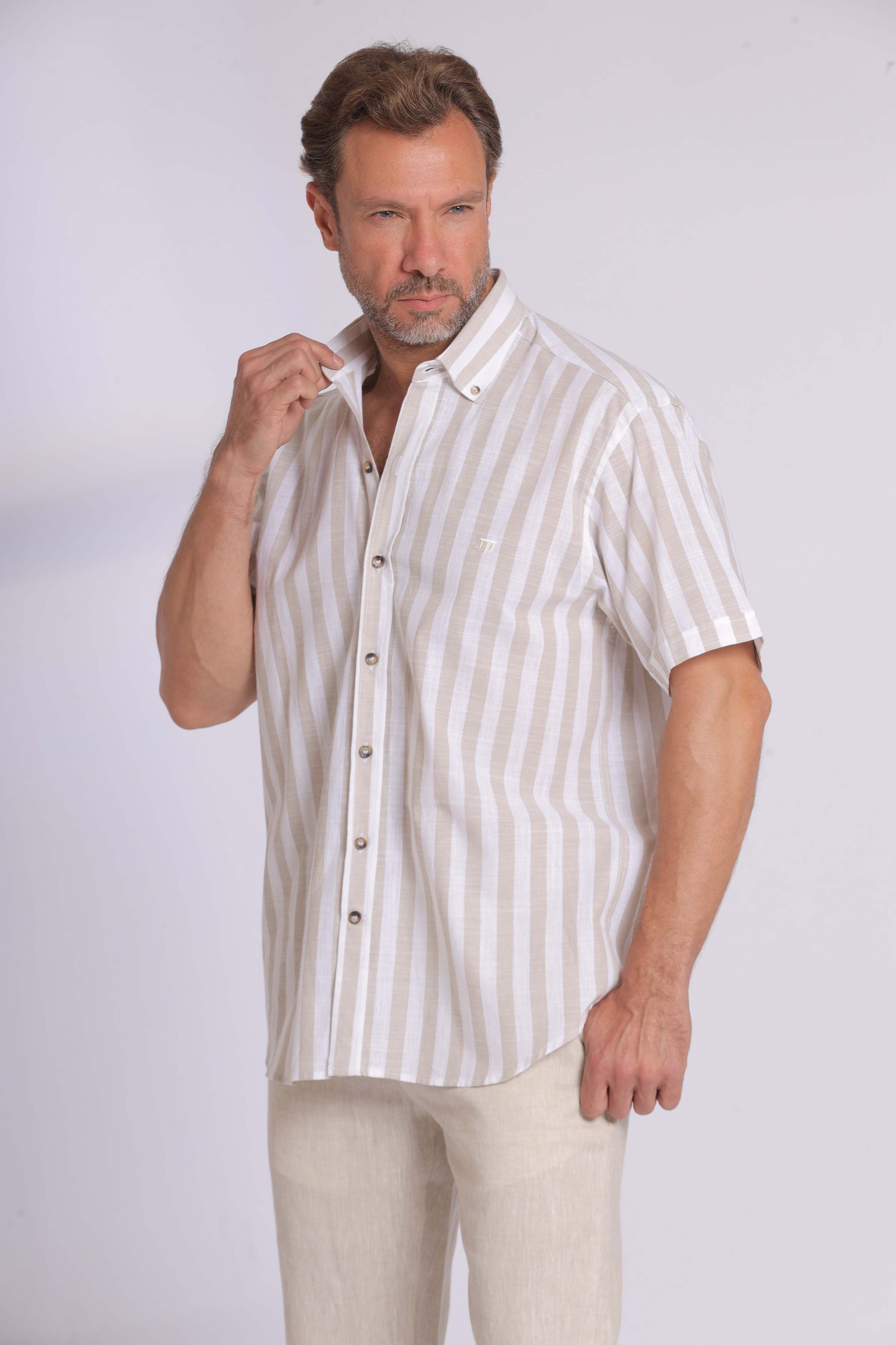 Linen Blue Striped Short Sleeve Shirt