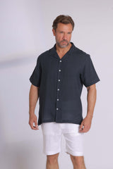 Linen Short Sleeved Navy Shirt