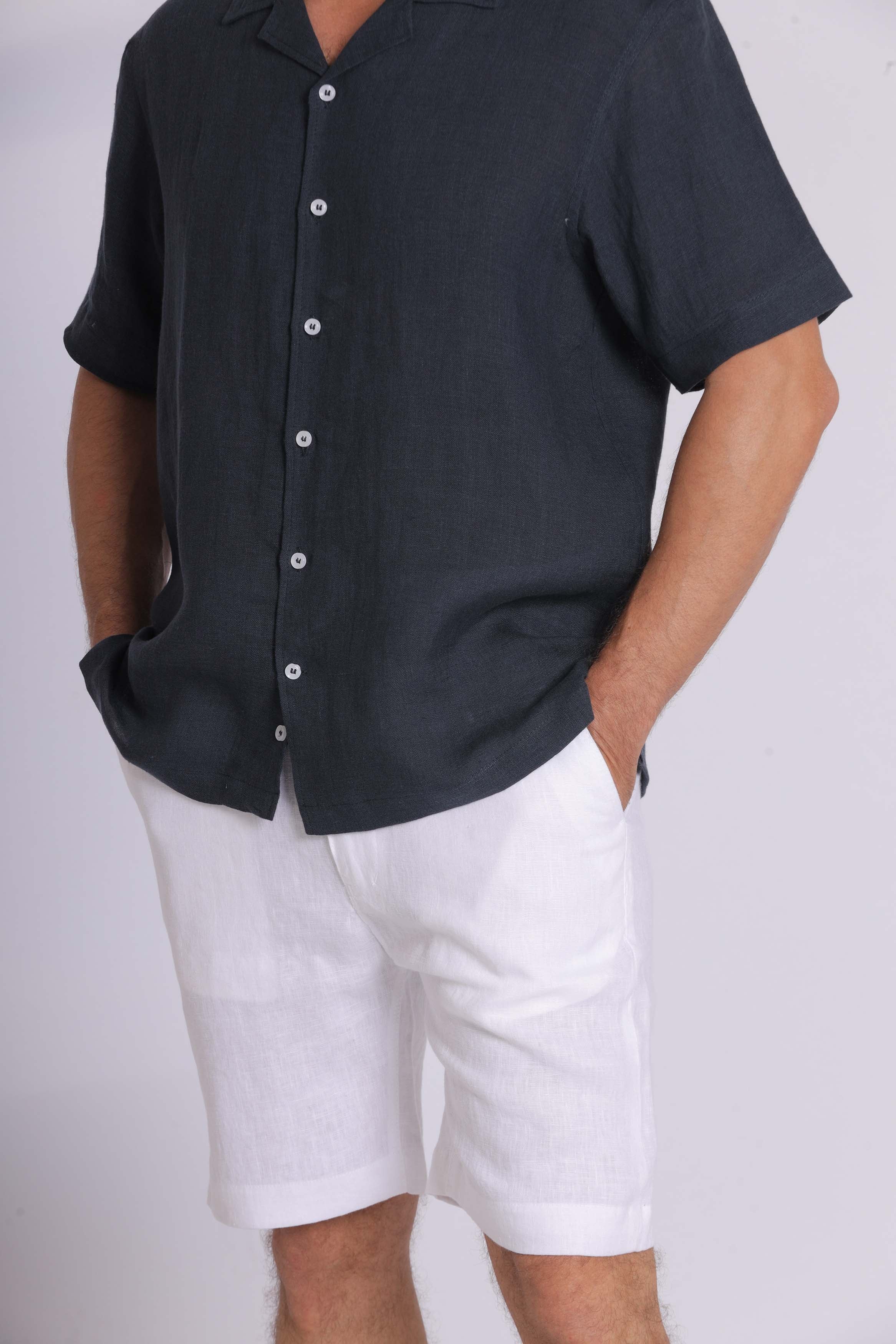 Linen Short Sleeved Navy Shirt