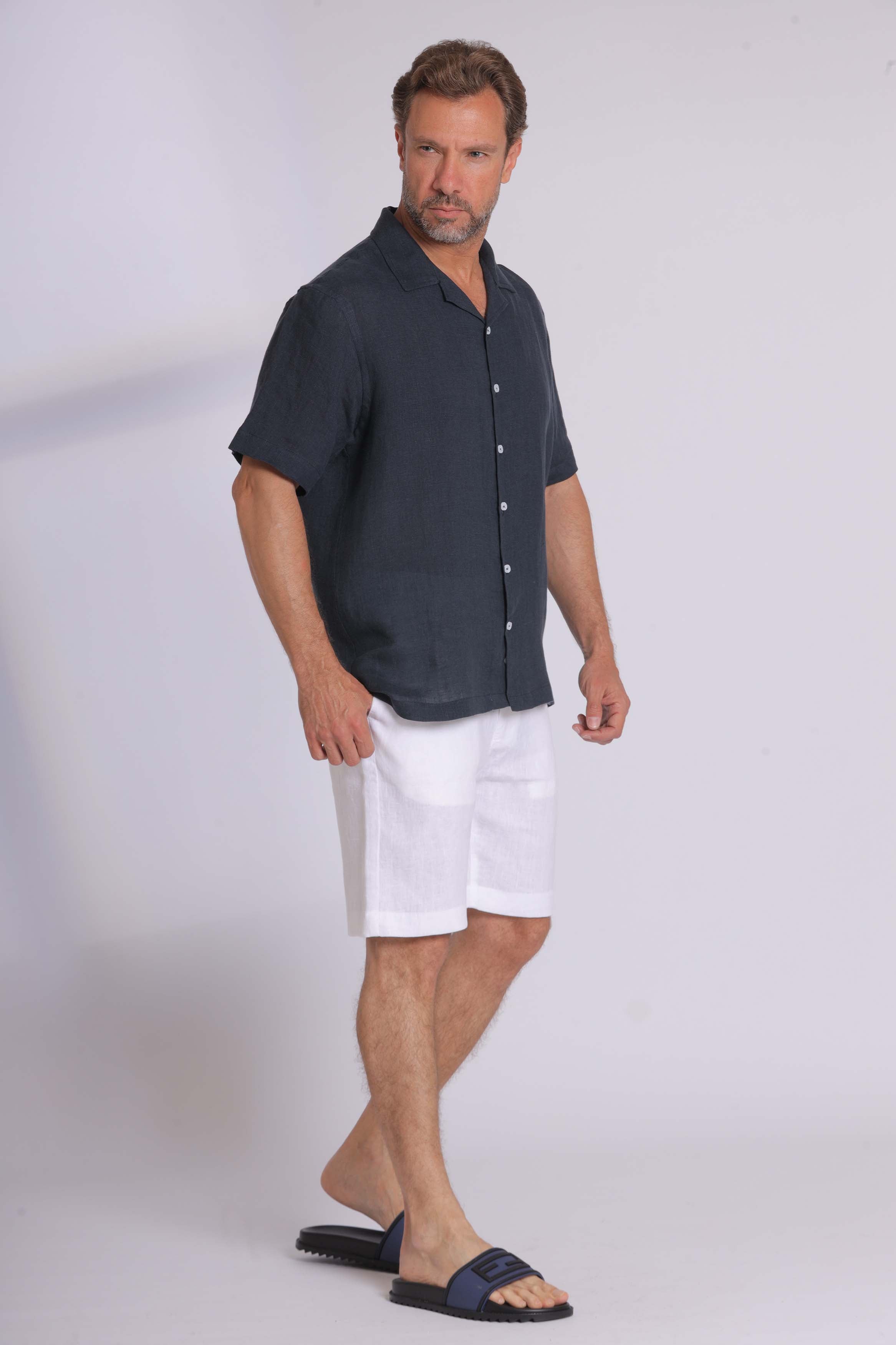 Linen Short Sleeved Navy Shirt