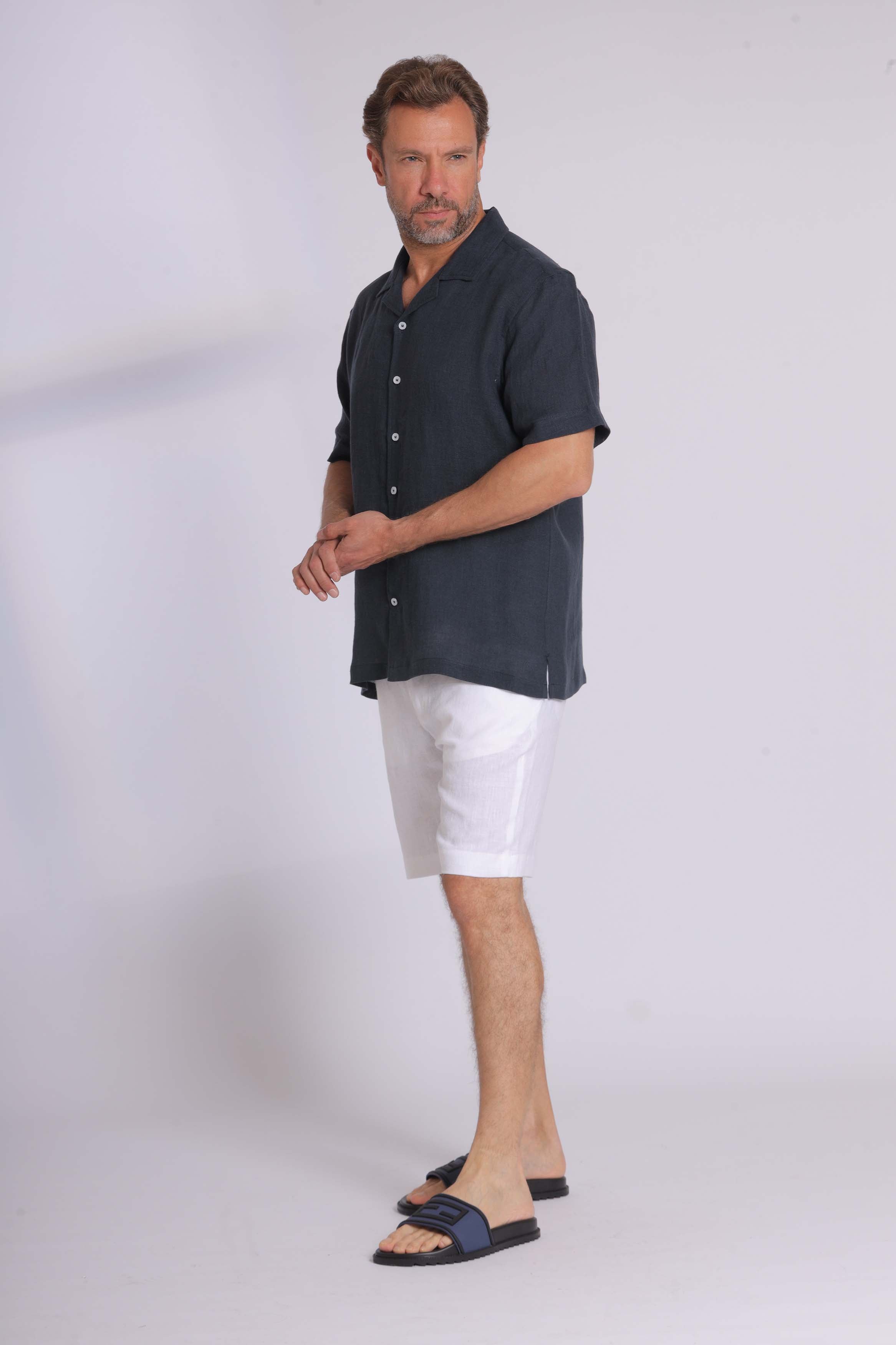 Linen Short Sleeved Navy Shirt