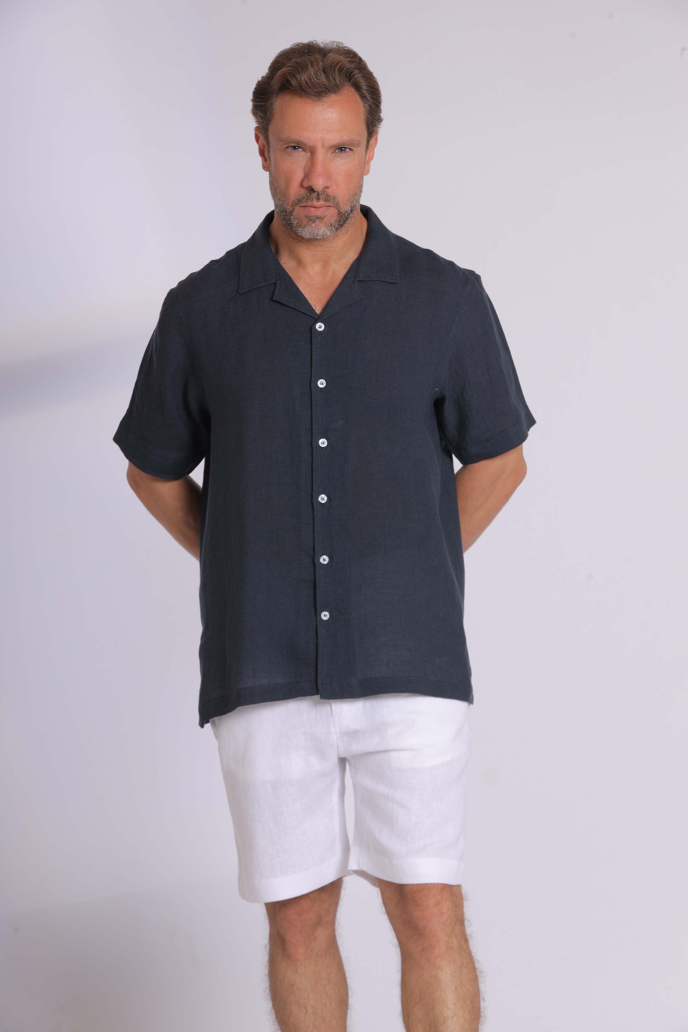 Linen Short Sleeved Navy Shirt