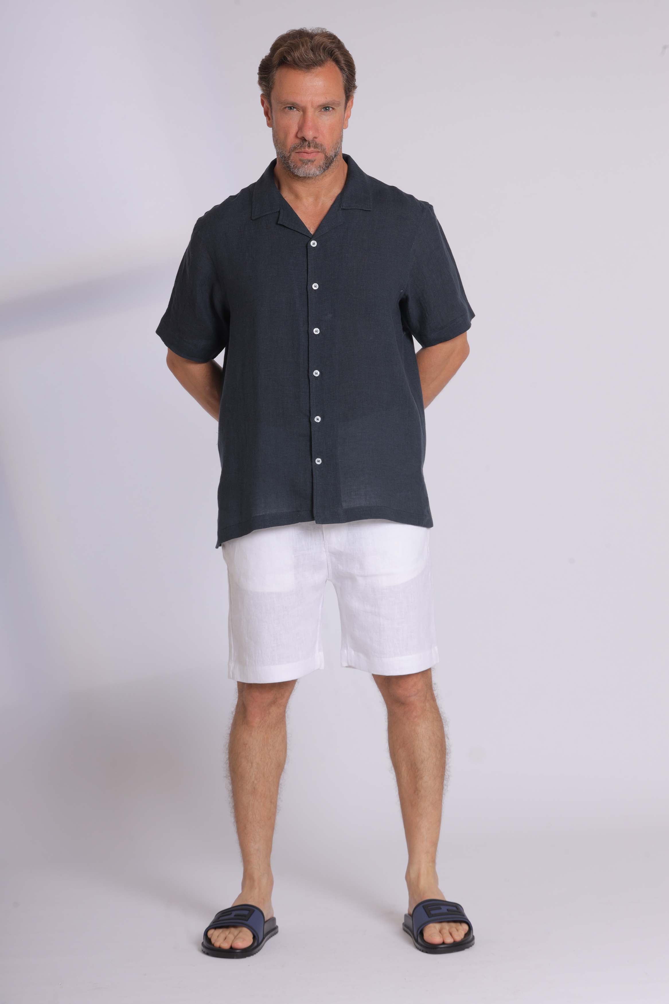 Linen Short Sleeved Navy Shirt