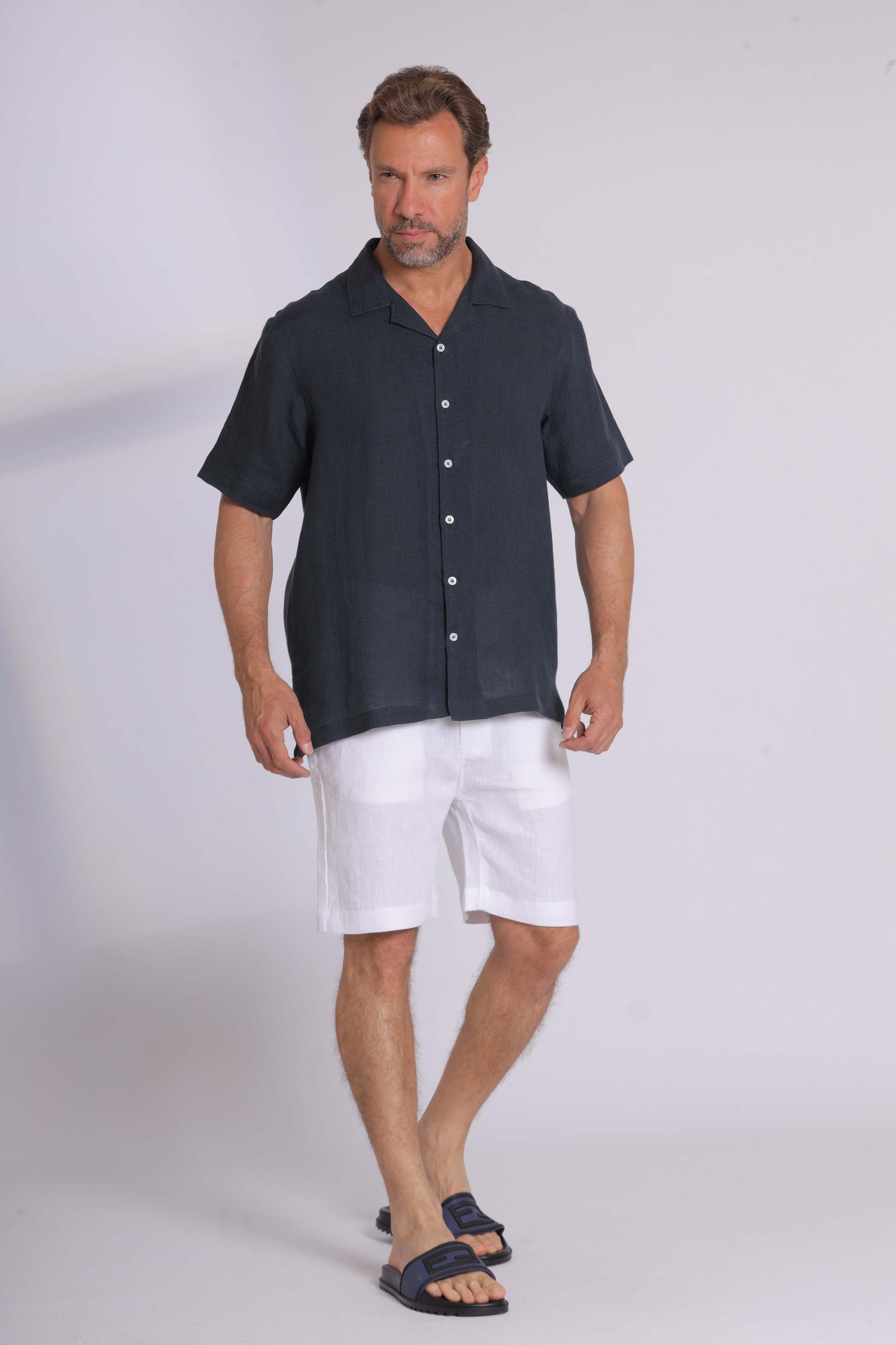 Linen Short Sleeved Navy Shirt