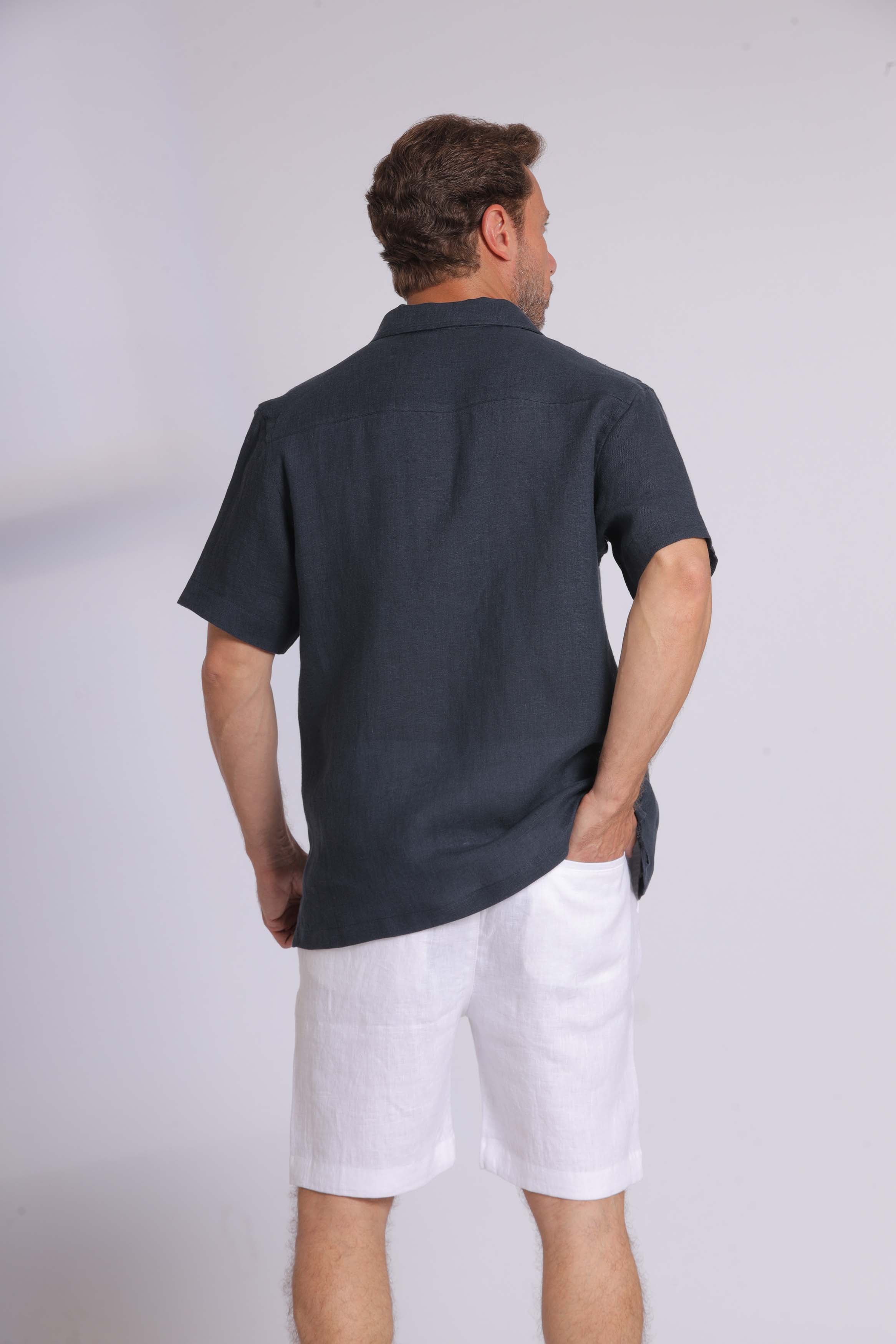 Linen Short Sleeved Navy Shirt