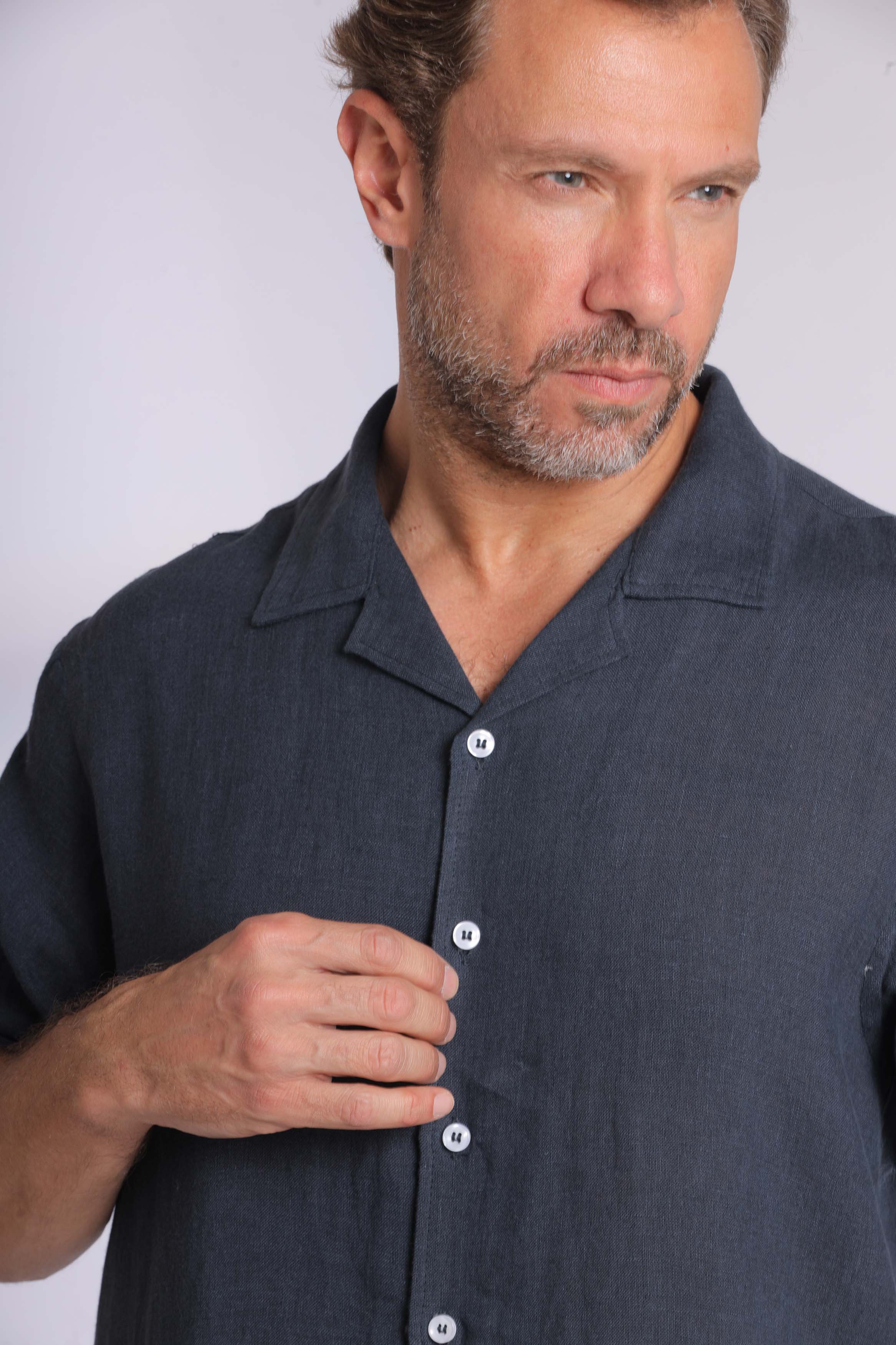 Linen Short Sleeved Navy Shirt