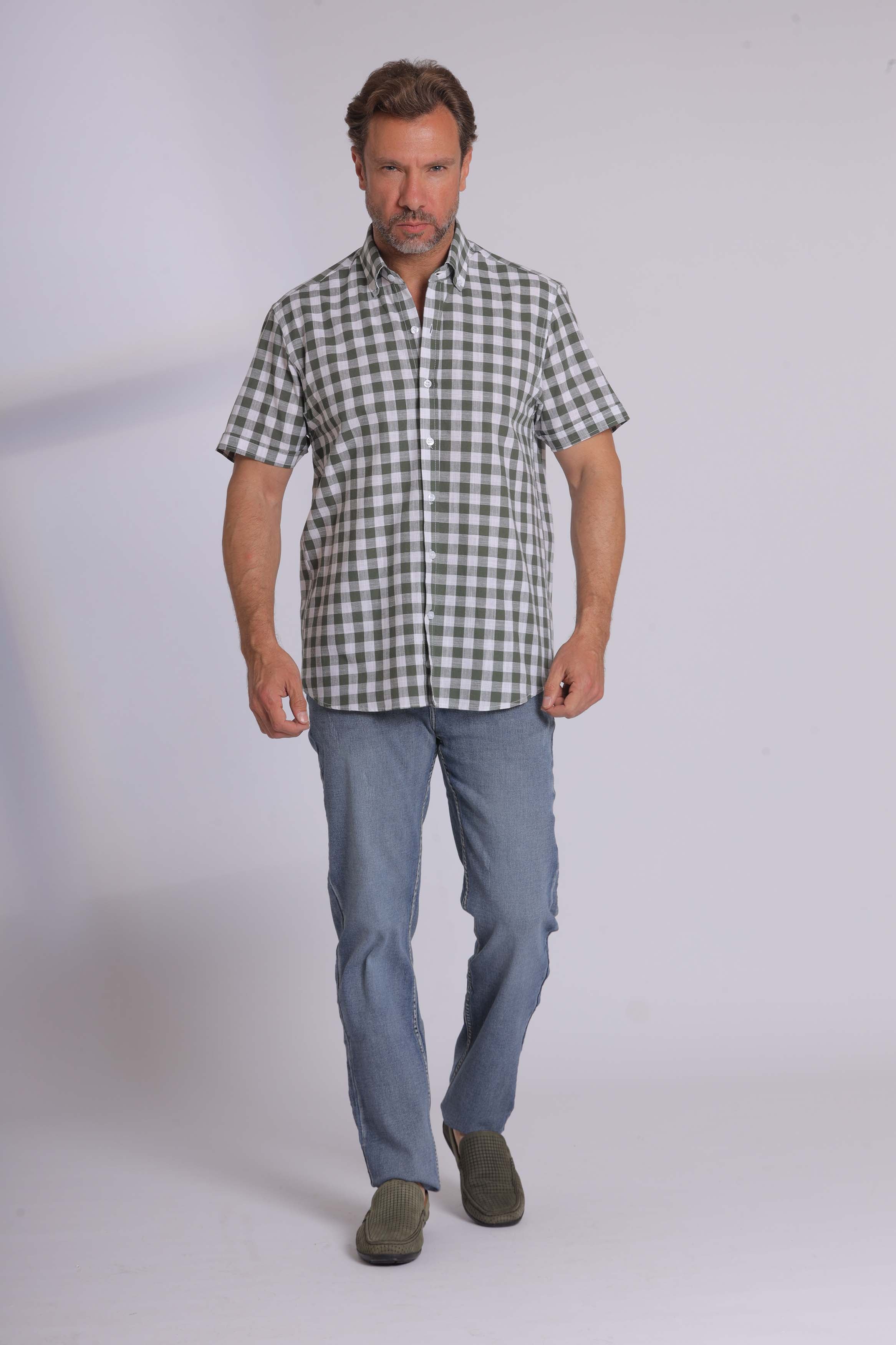 Olive Gingham Print Short Sleeve Shirt