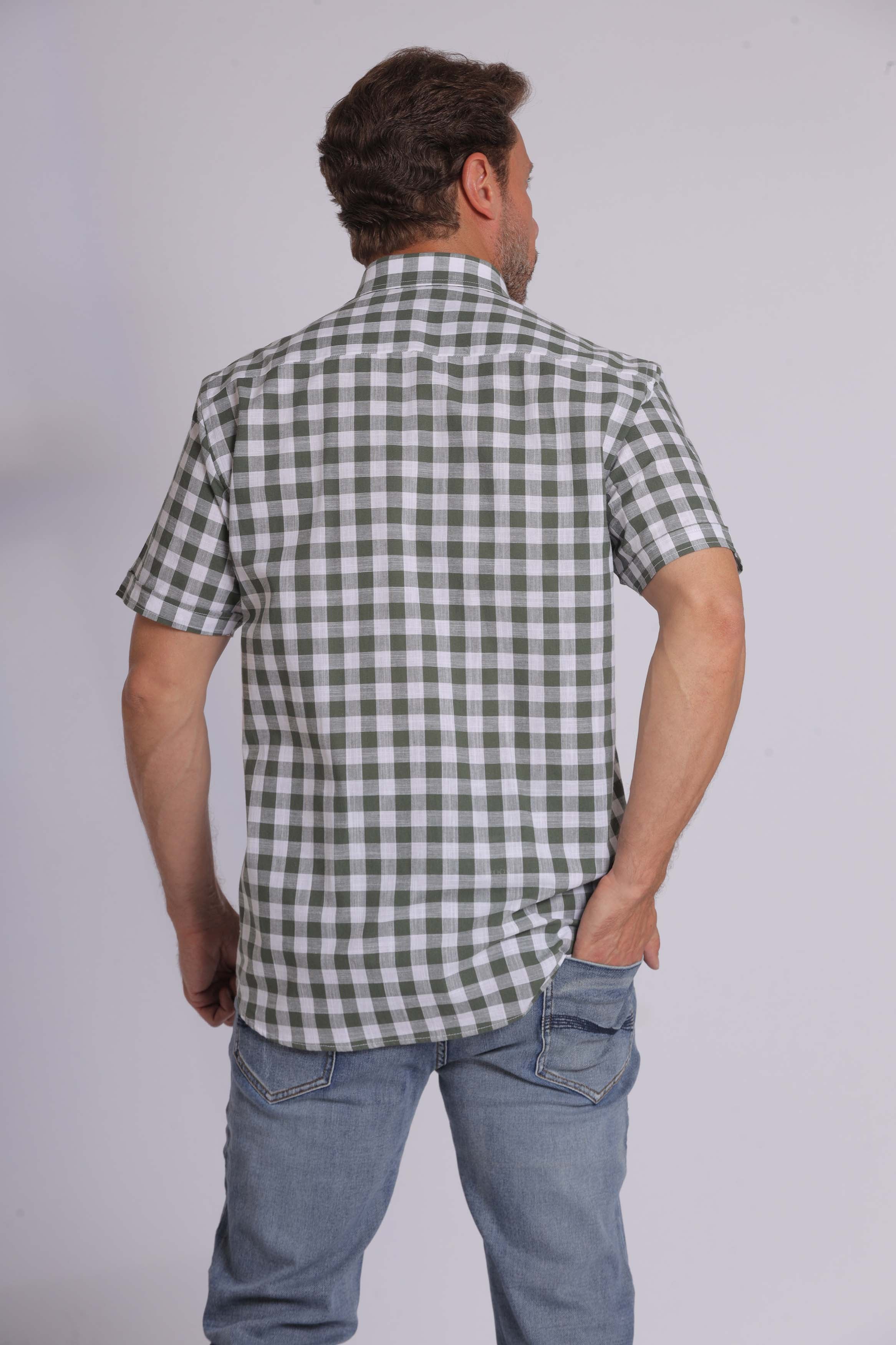 Olive Gingham Print Short Sleeve Shirt