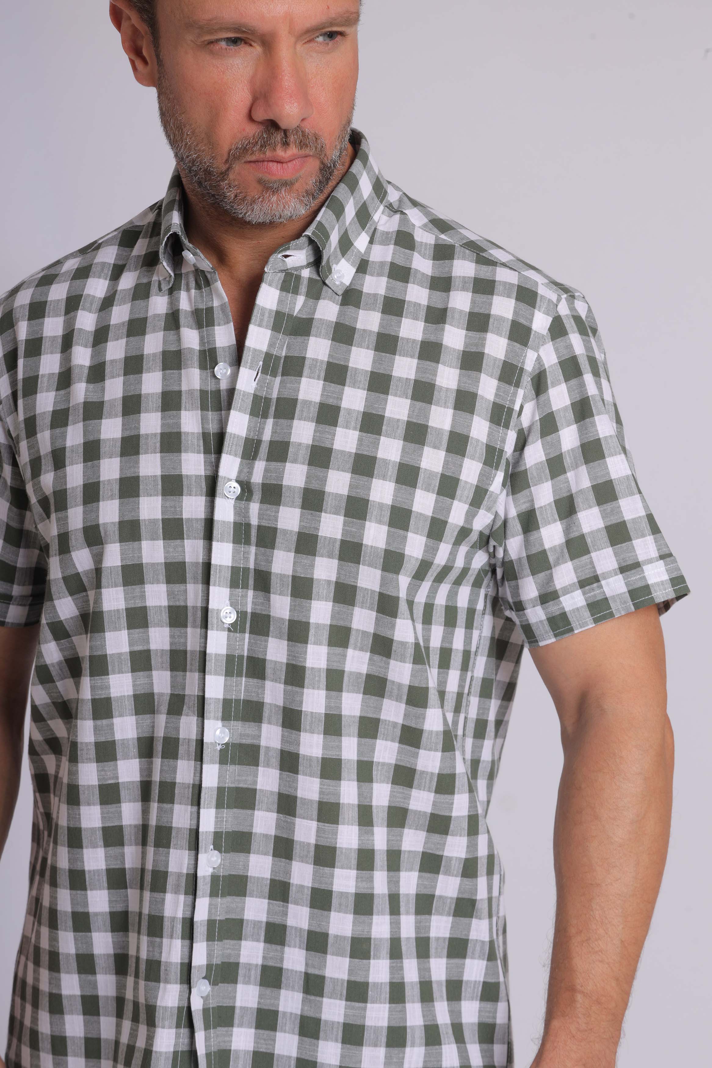 Olive Gingham Print Short Sleeve Shirt