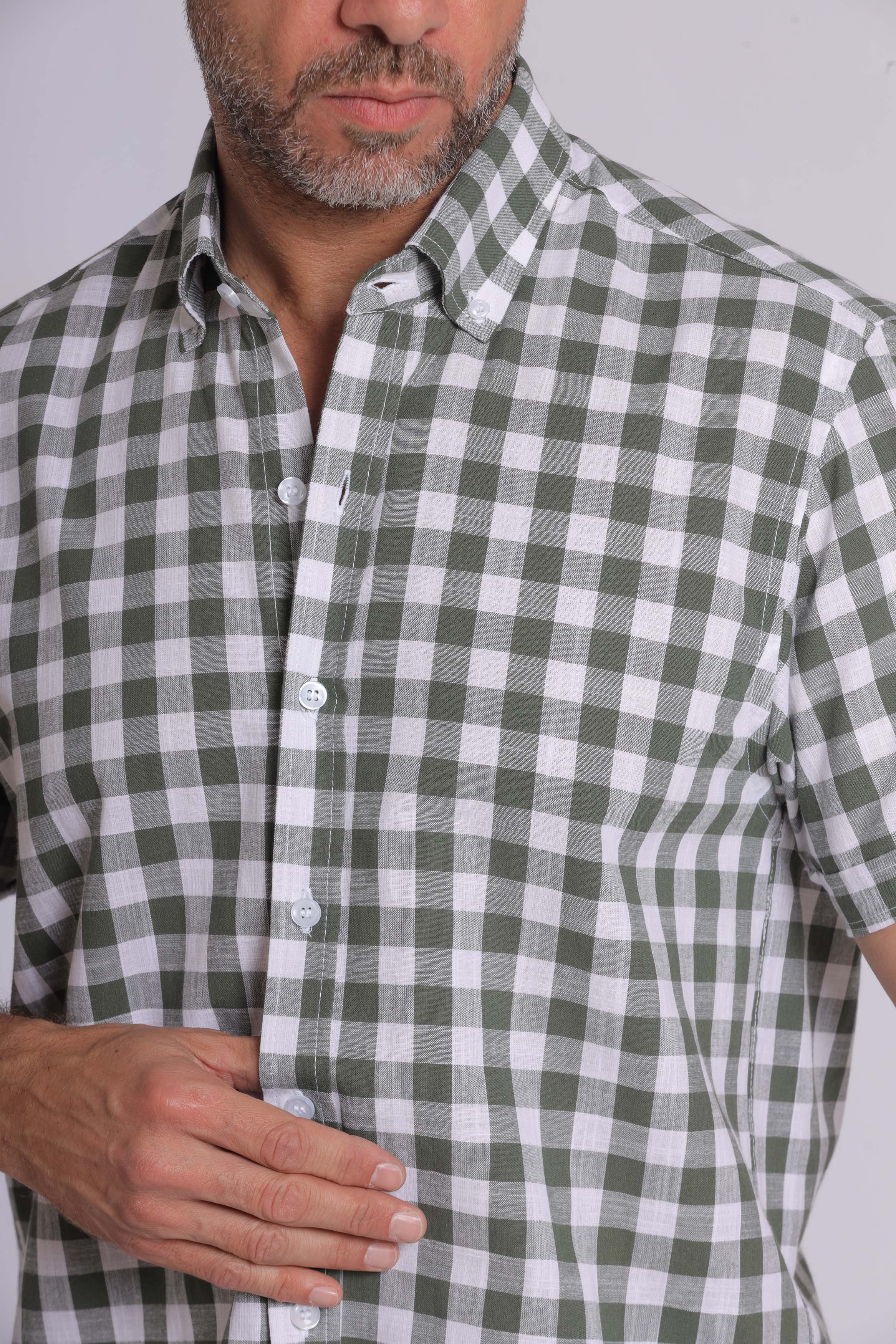 Olive Gingham Print Short Sleeve Shirt