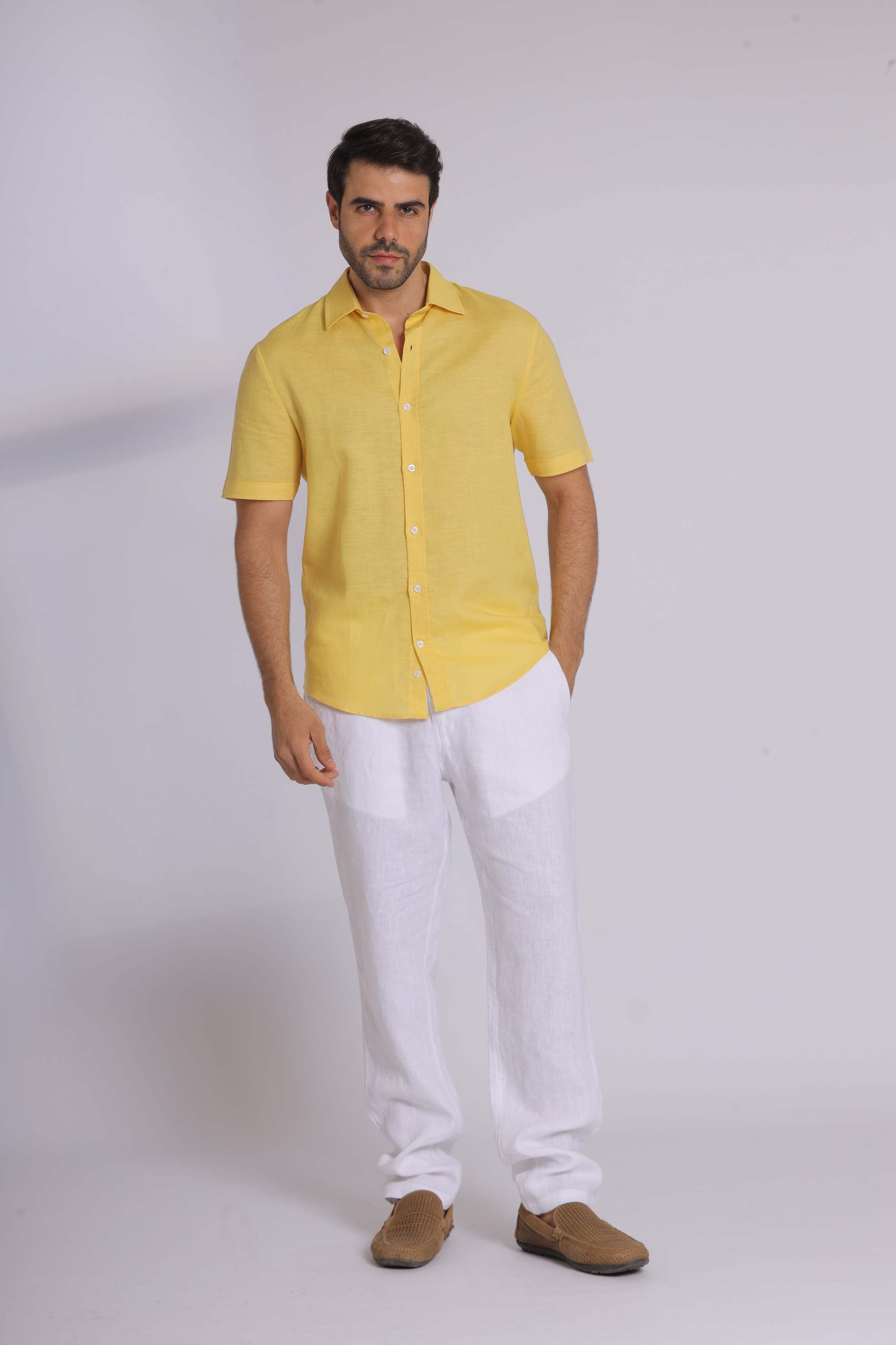 Yellow Linen Short Sleeved Shirt