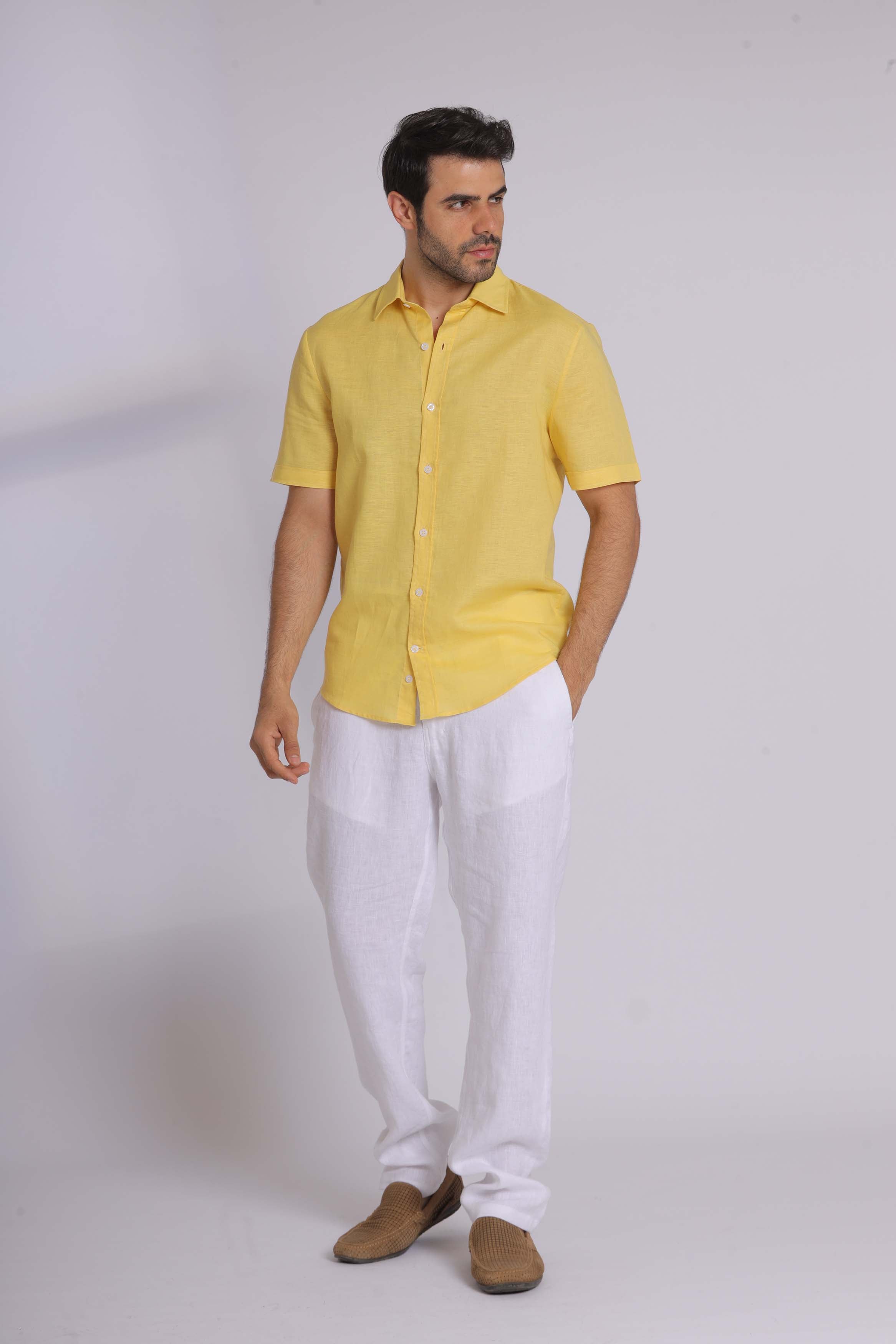 Yellow Linen Short Sleeved Shirt