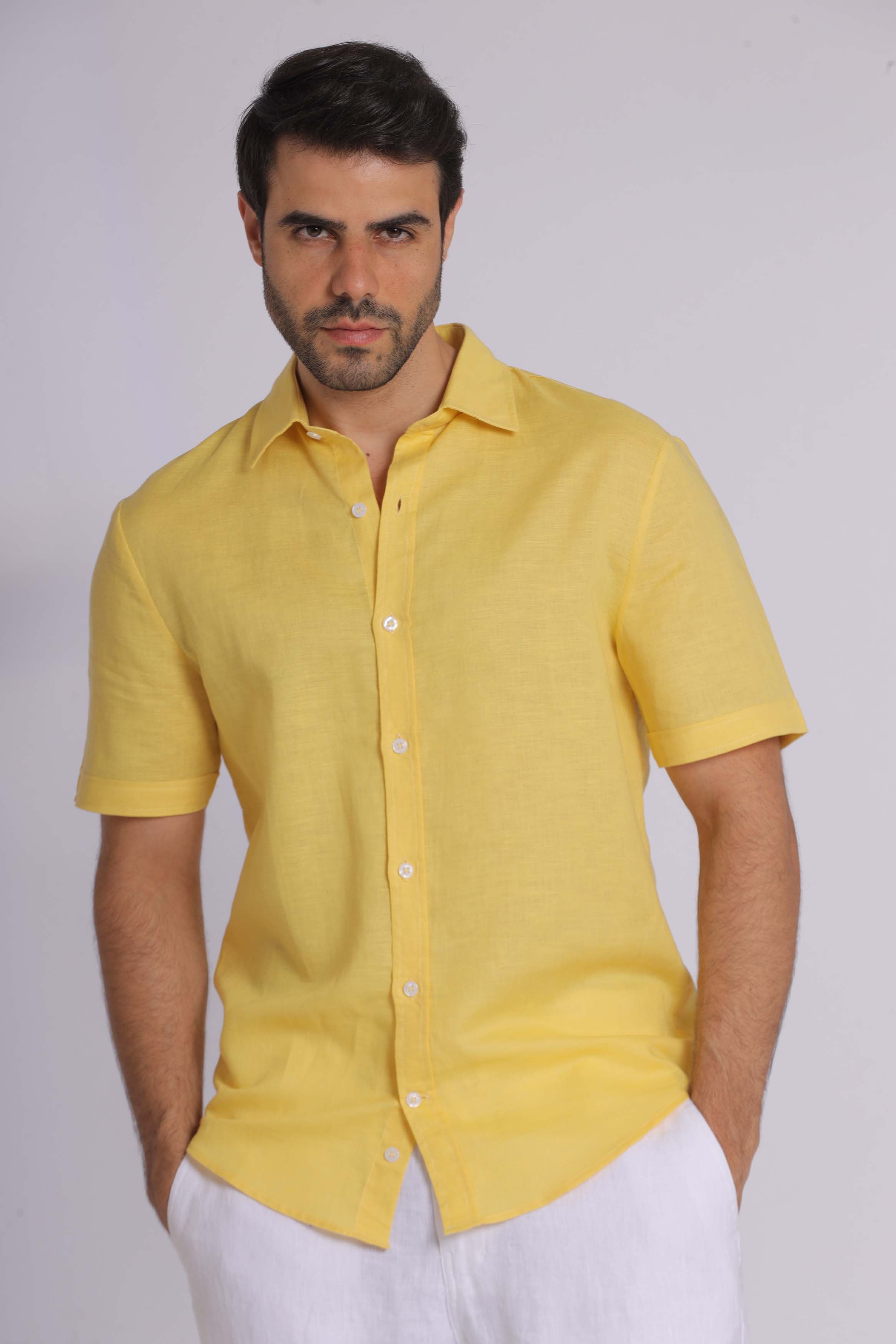 Yellow Linen Short Sleeved Shirt