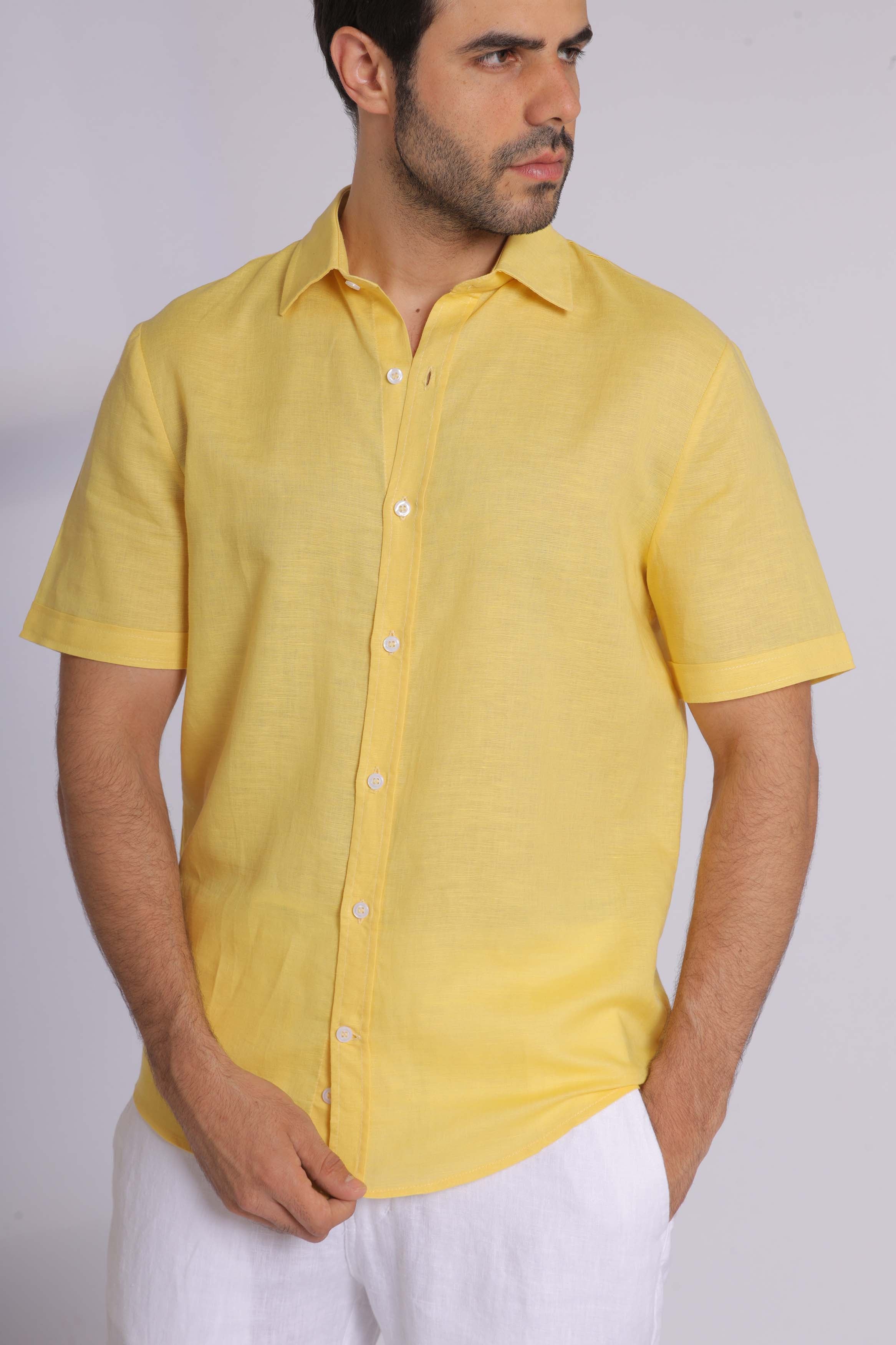 Yellow Linen Short Sleeved Shirt