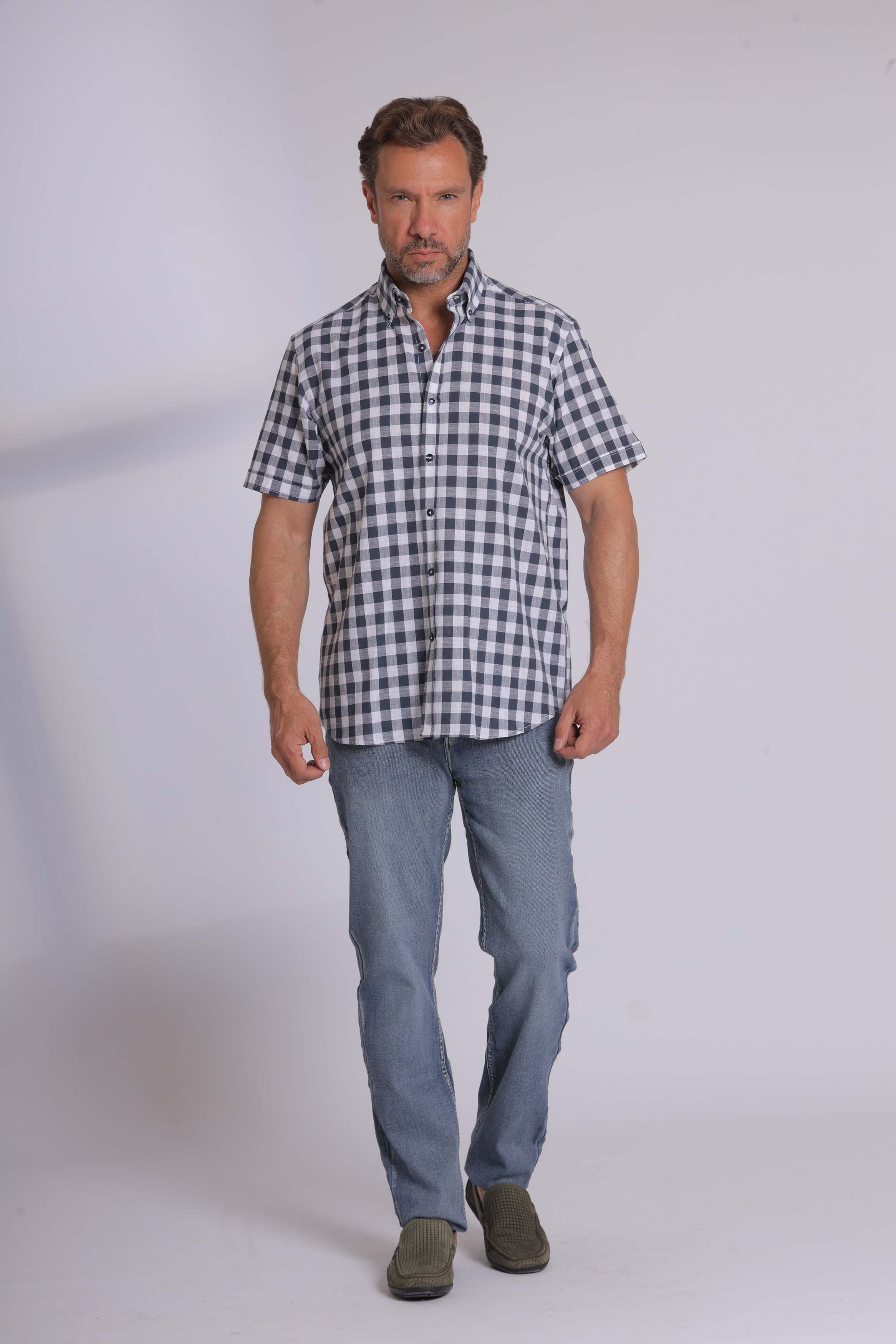 Olive Gingham Print Short Sleeve Shirt