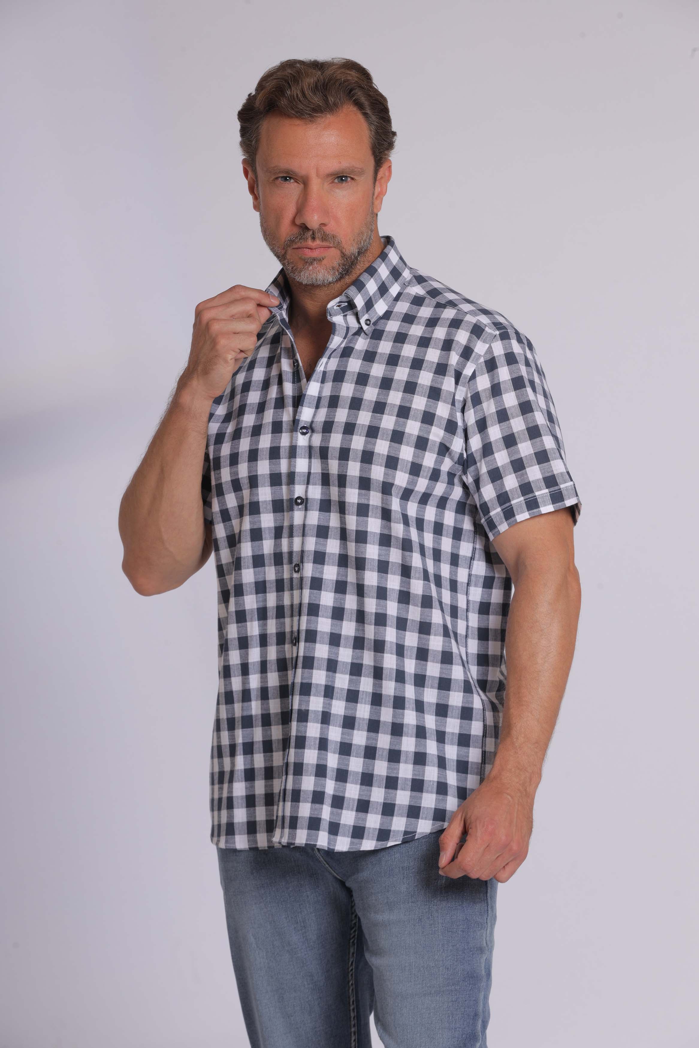 Olive Gingham Print Short Sleeve Shirt