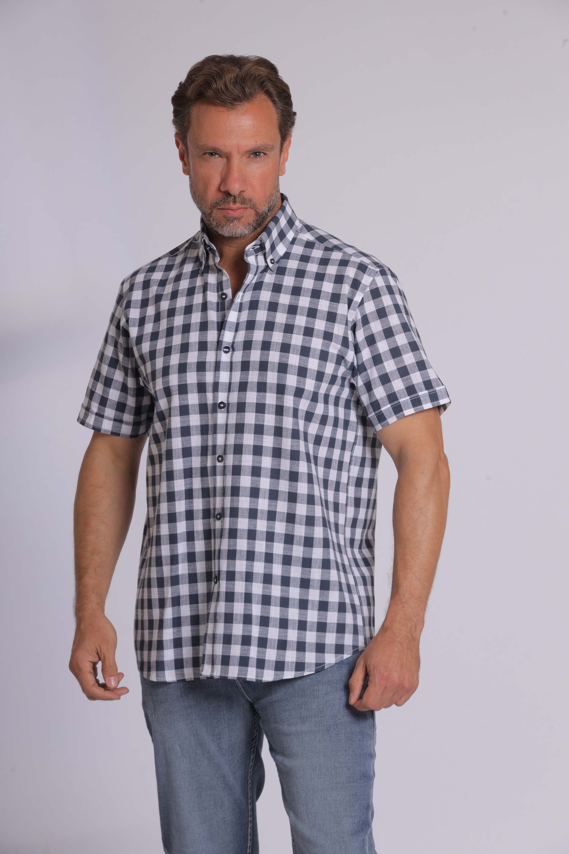 Olive Gingham Print Short Sleeve Shirt