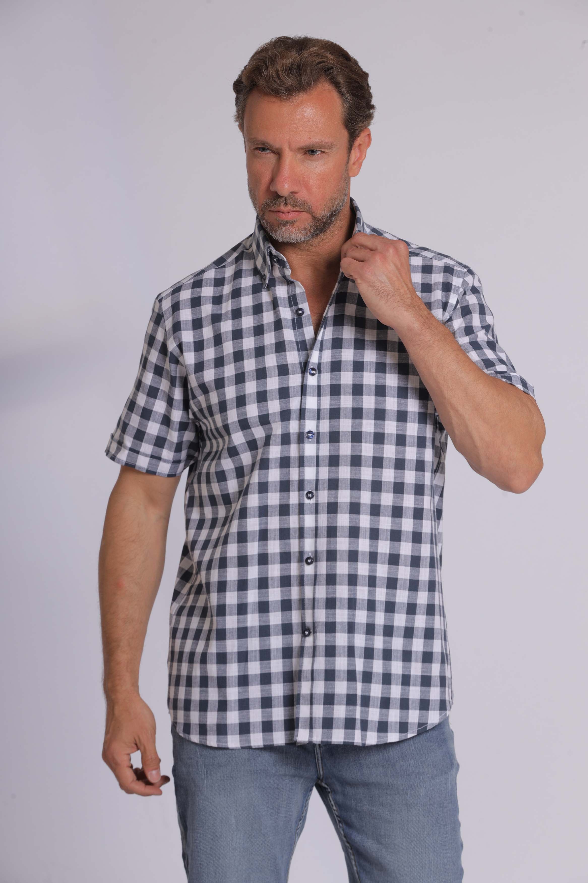 Olive Gingham Print Short Sleeve Shirt