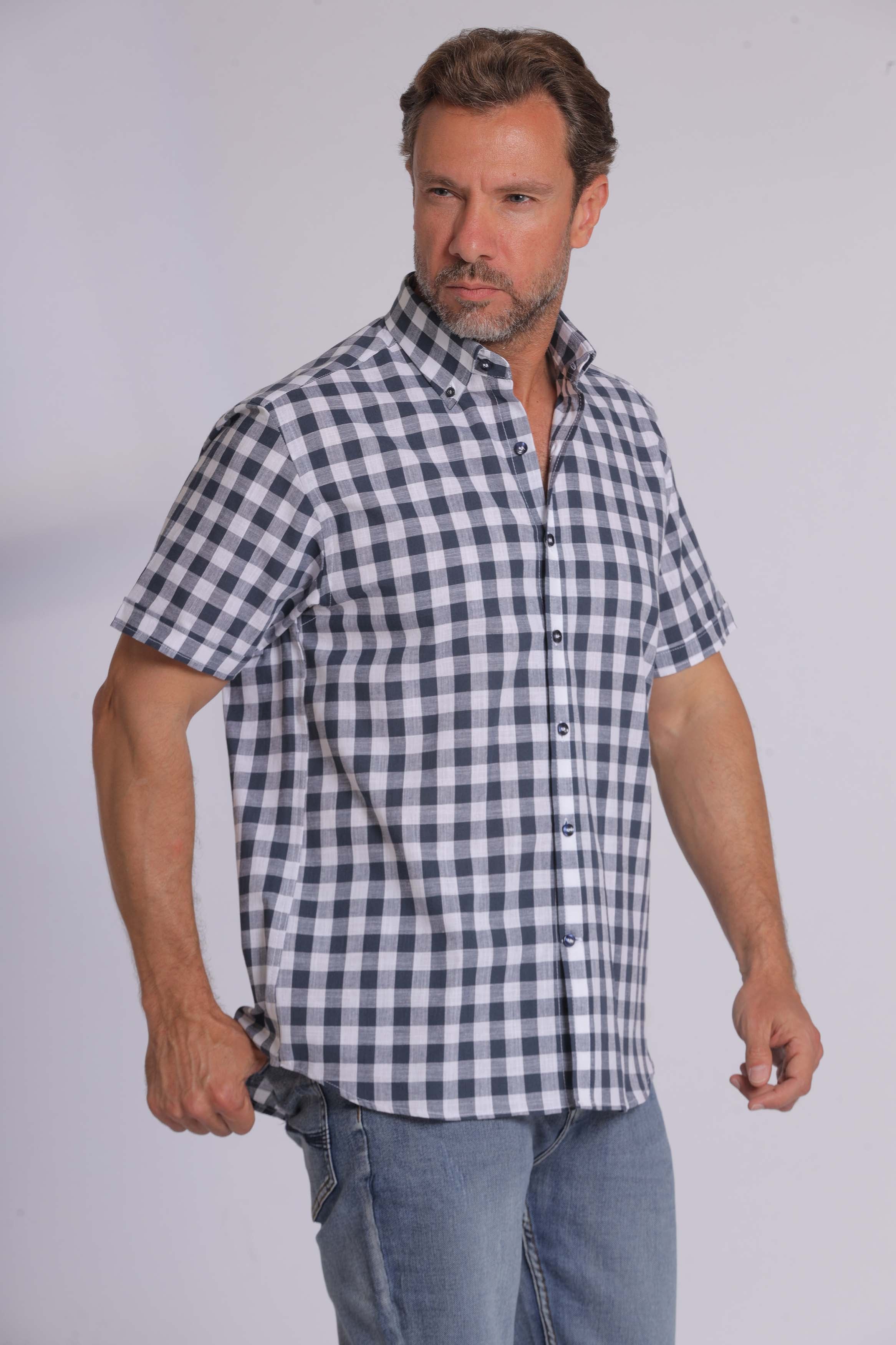 Olive Gingham Print Short Sleeve Shirt