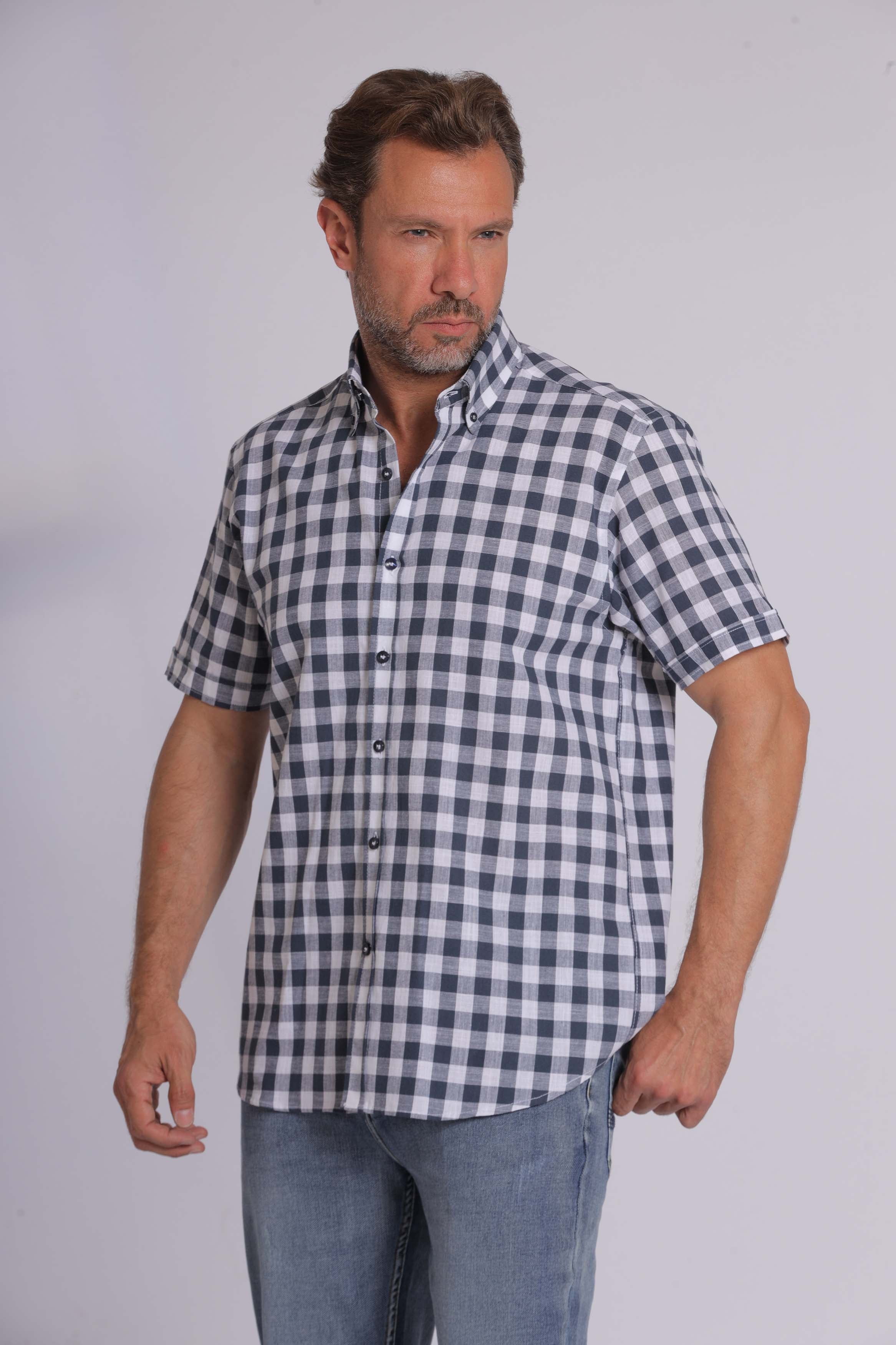 Olive Gingham Print Short Sleeve Shirt