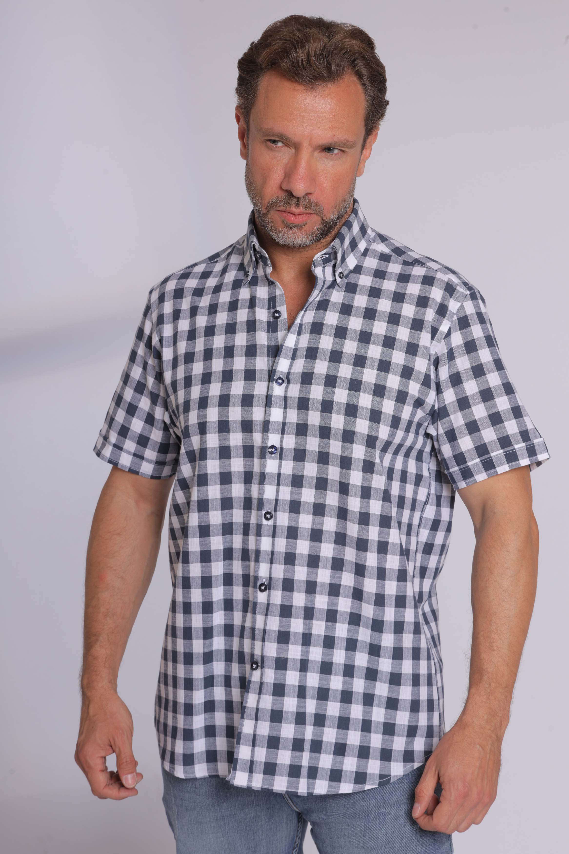 Olive Gingham Print Short Sleeve Shirt