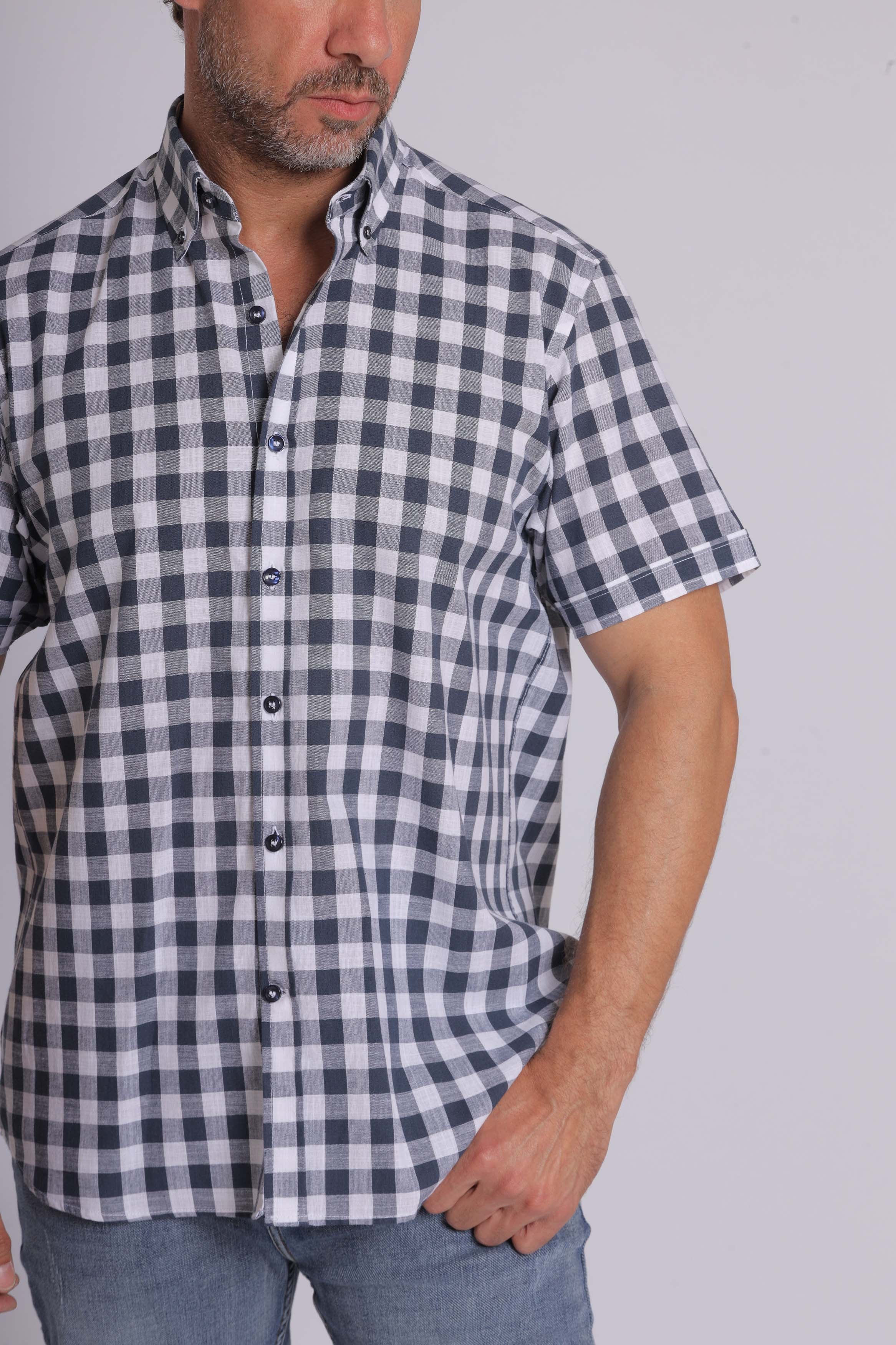 Olive Gingham Print Short Sleeve Shirt