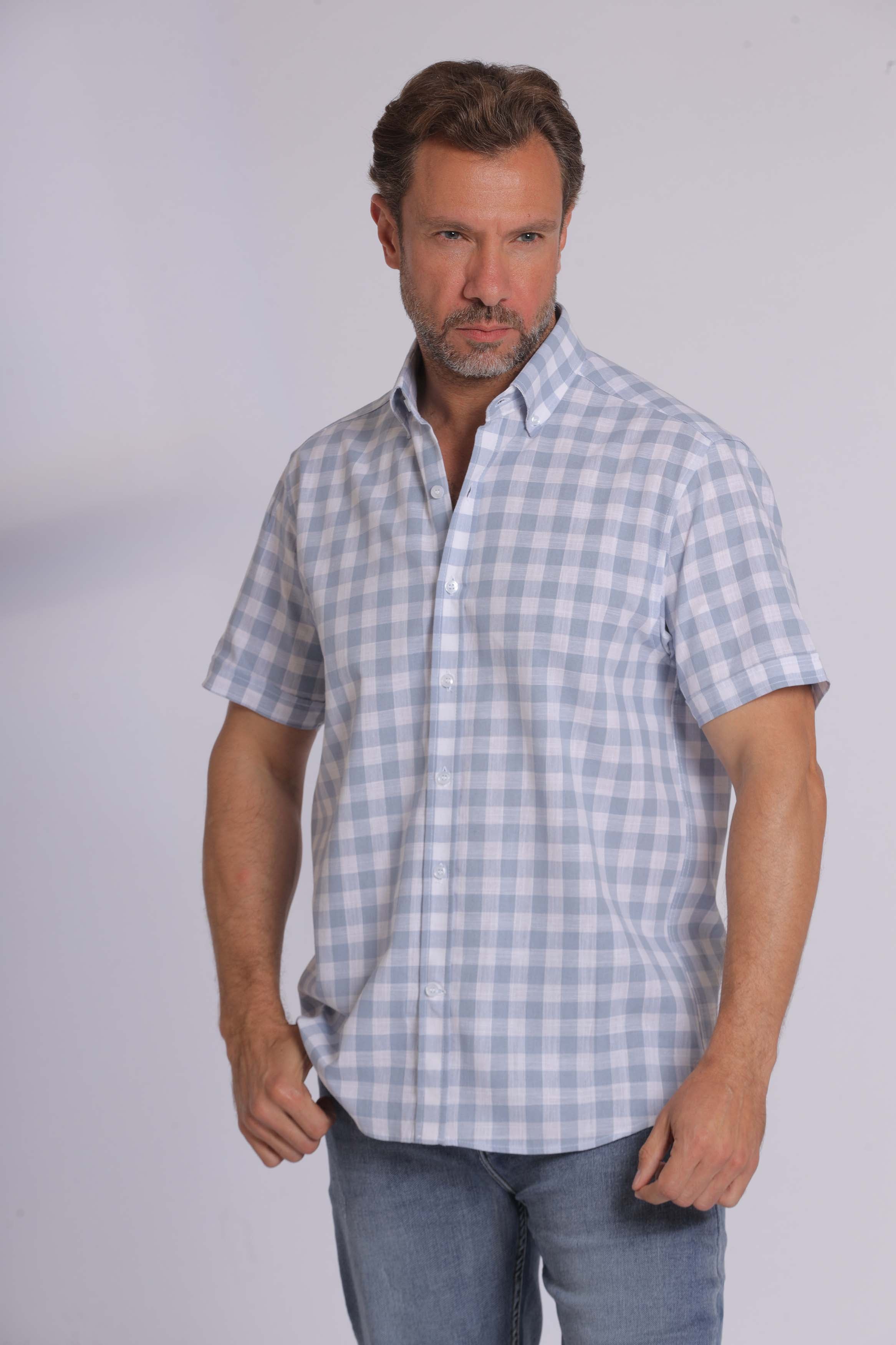 Olive Gingham Print Short Sleeve Shirt