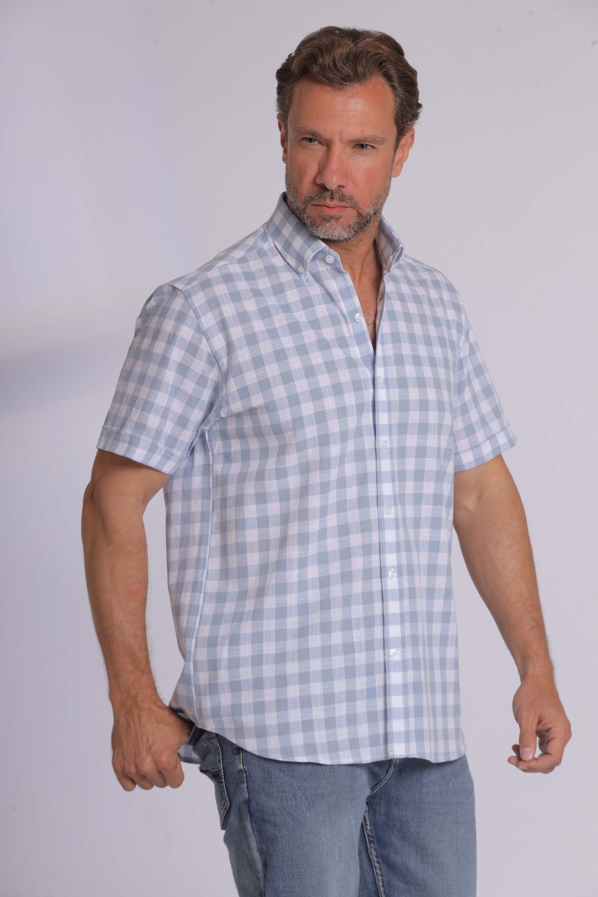 Olive Gingham Print Short Sleeve Shirt