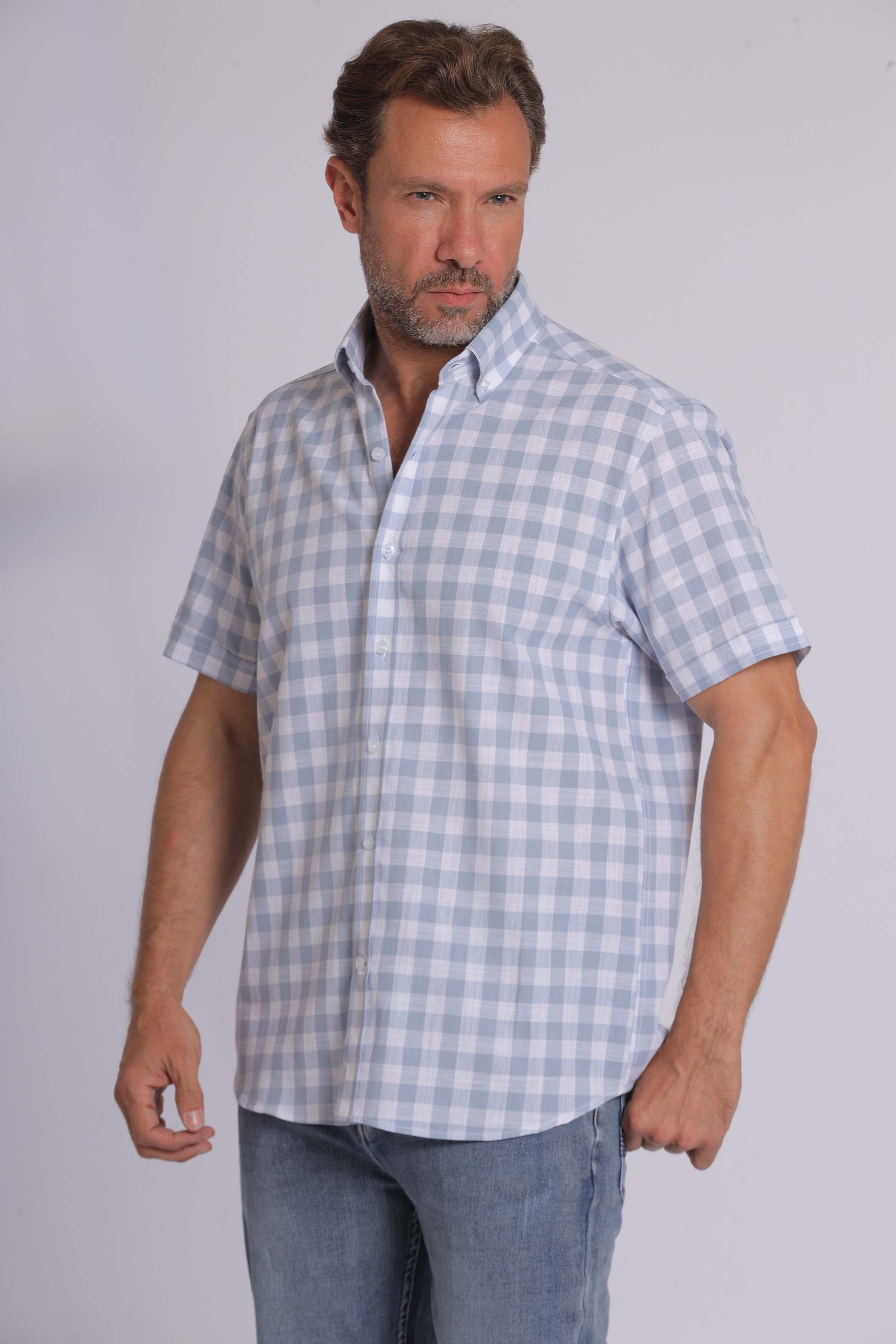 Olive Gingham Print Short Sleeve Shirt