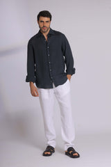 Navy Linen Long Sleeve Shirt