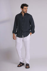 Navy Linen Long Sleeve Shirt