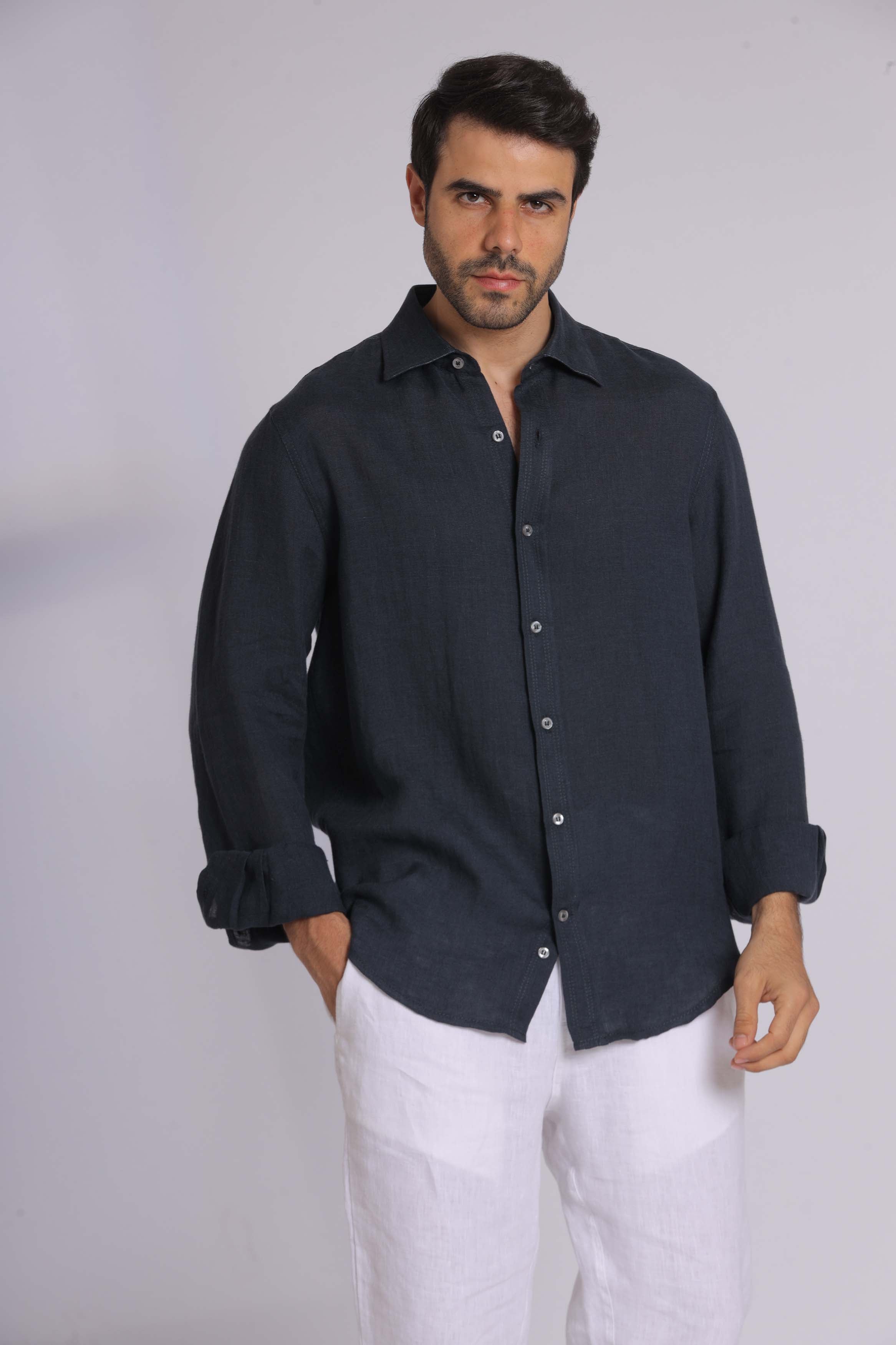 Navy Linen Long Sleeve Shirt